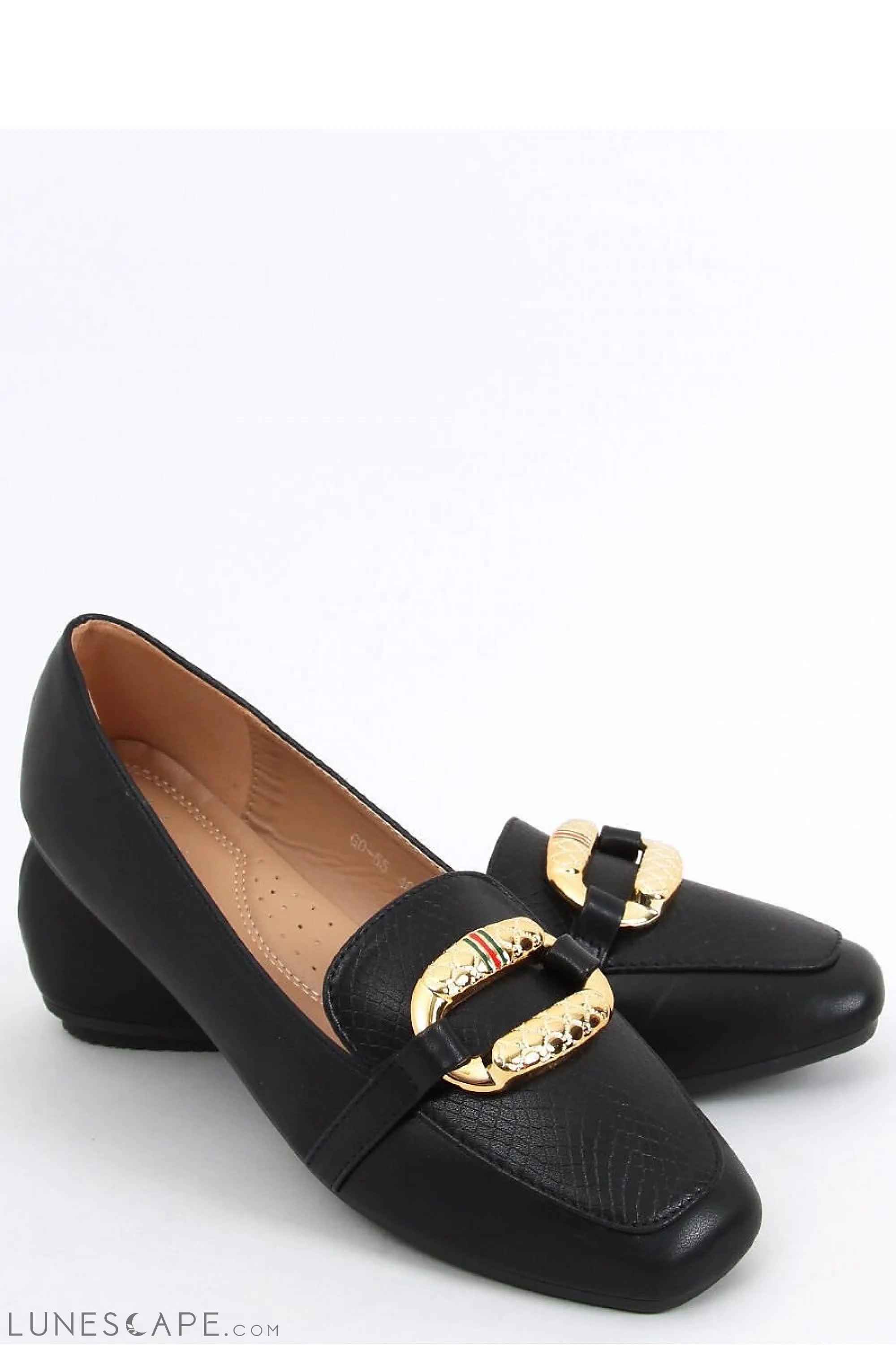 Black Square Toe Women's Loafers – Croc-Embossed Vamp with Gold Buckles LUNESCAPE