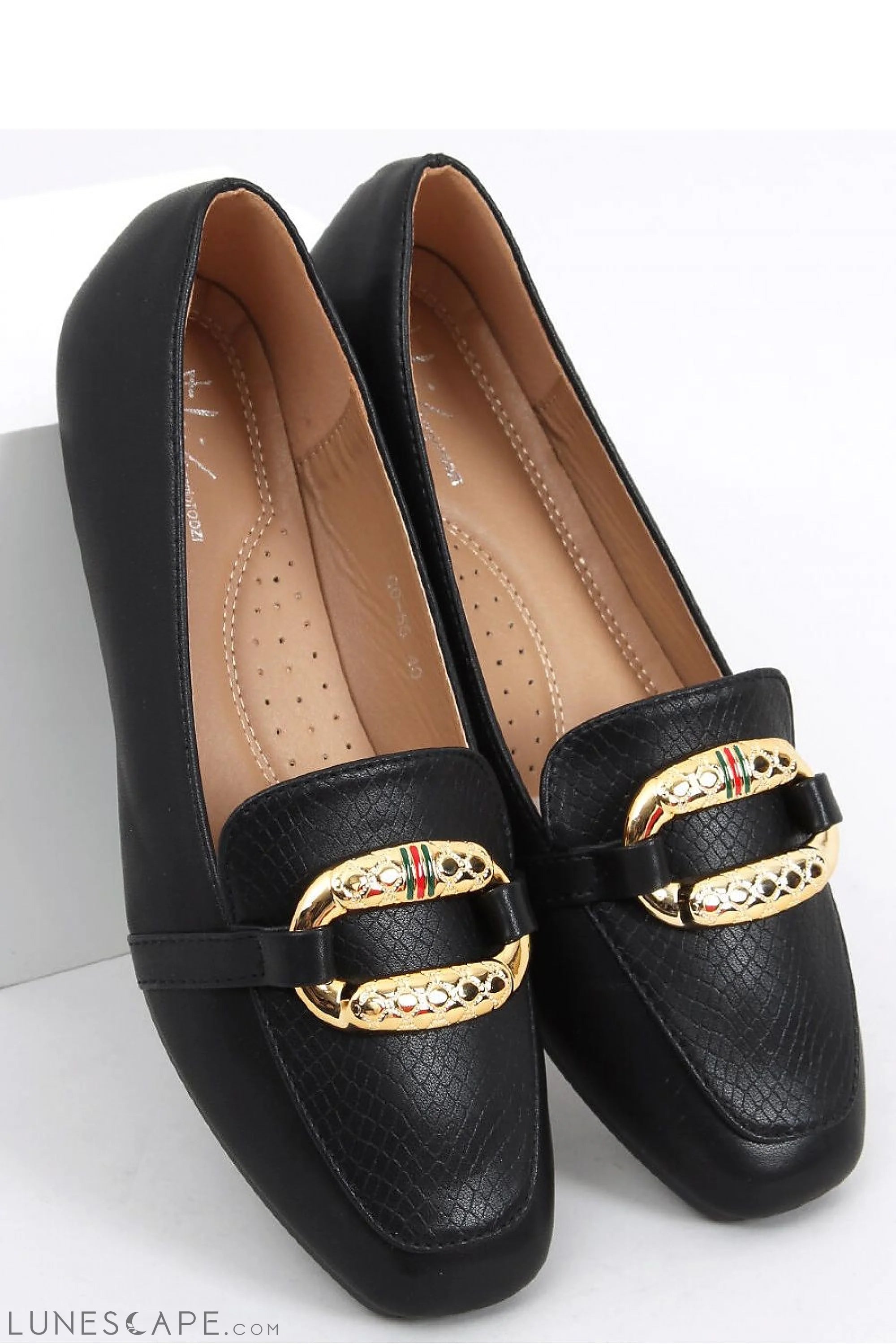 Black Square Toe Women's Loafers – Croc-Embossed Vamp with Gold Buckles LUNESCAPE