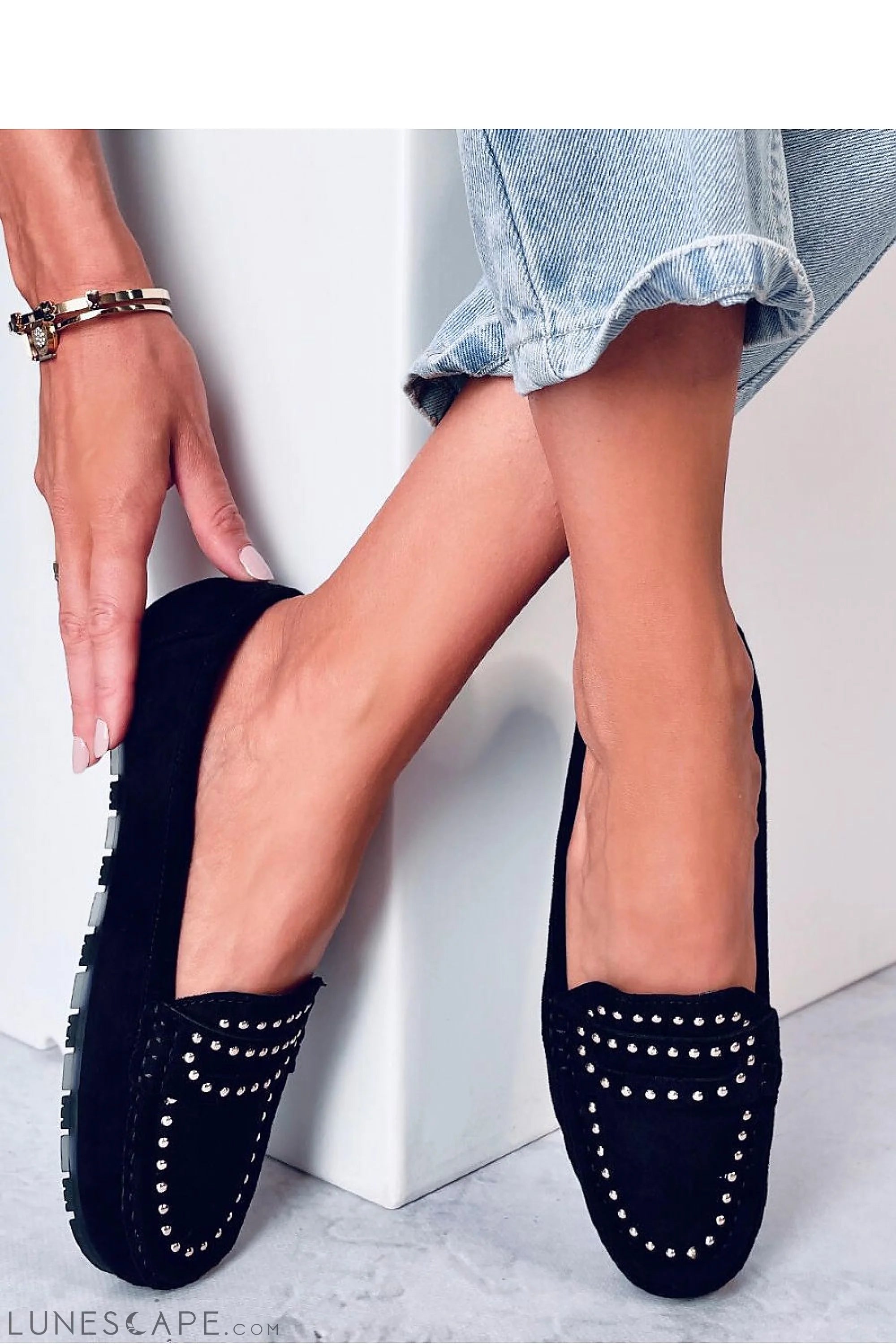 Black Studded Women's Loafers – Moc Toe with Driving Sole LUNESCAPE