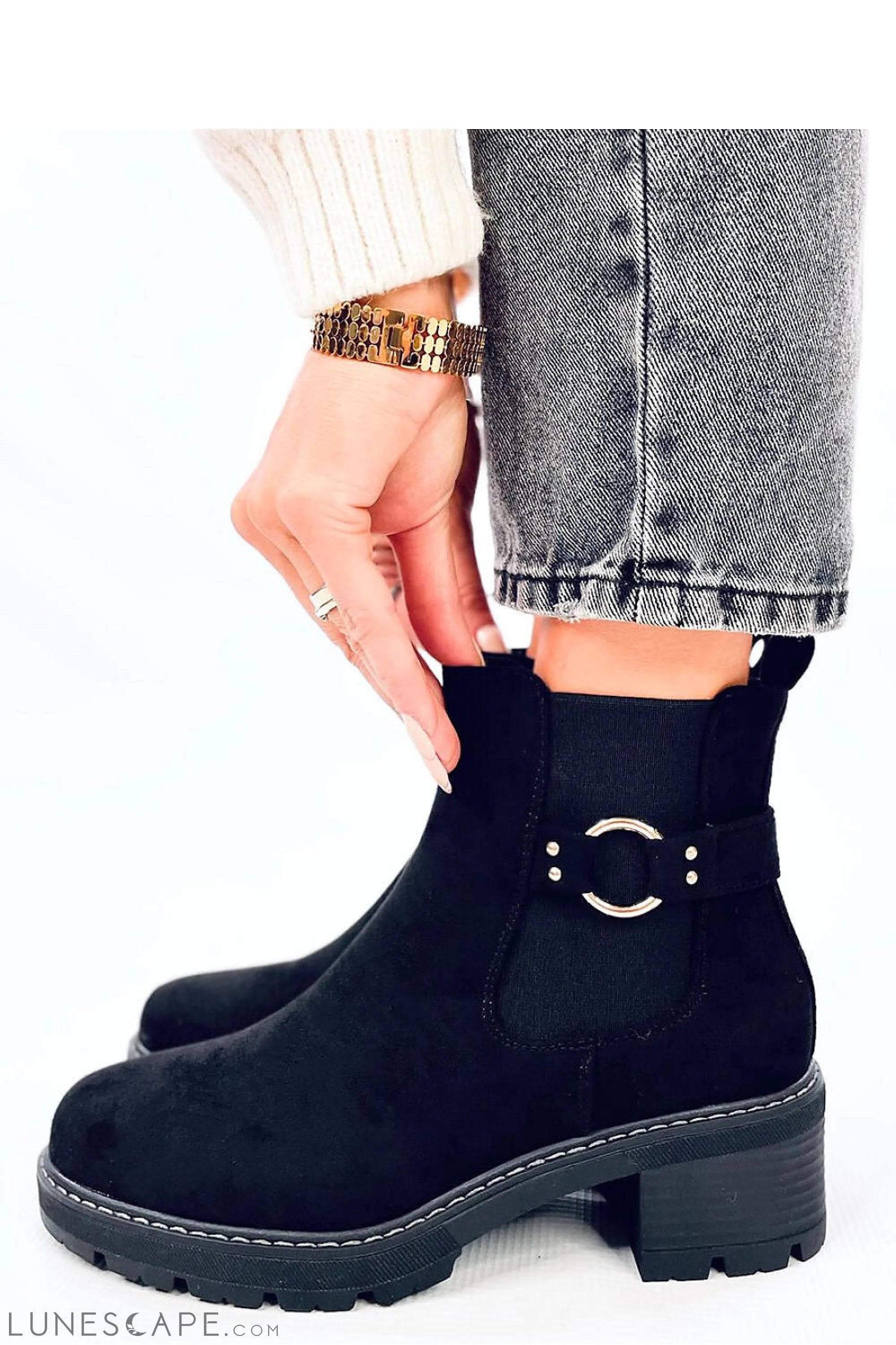 Black Suede Chelsea Boots with Chunky Sole and Gold Ring Buckle Detail LUNESCAPE