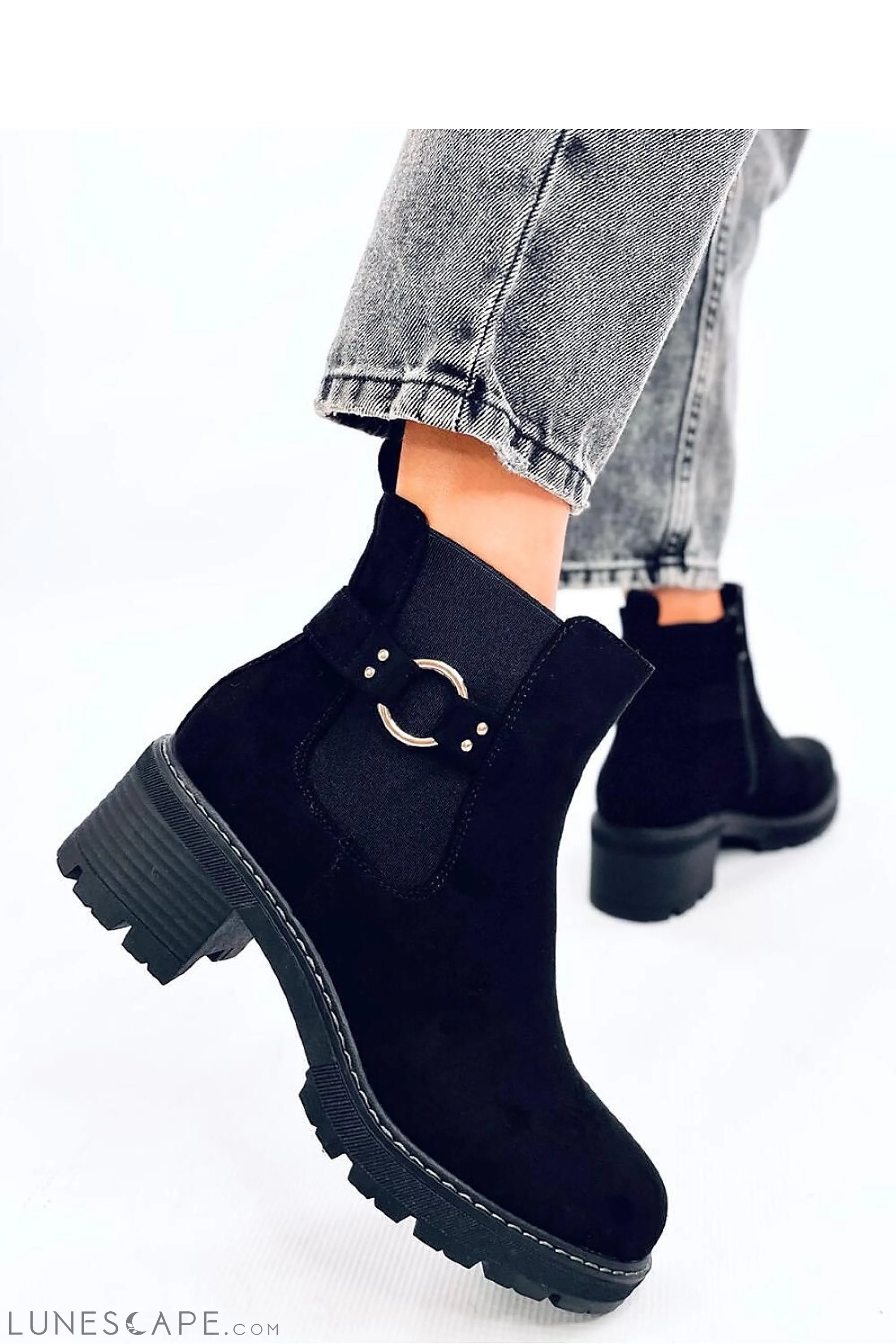 Black Suede Chelsea Boots with Chunky Sole and Gold Ring Buckle Detail LUNESCAPE