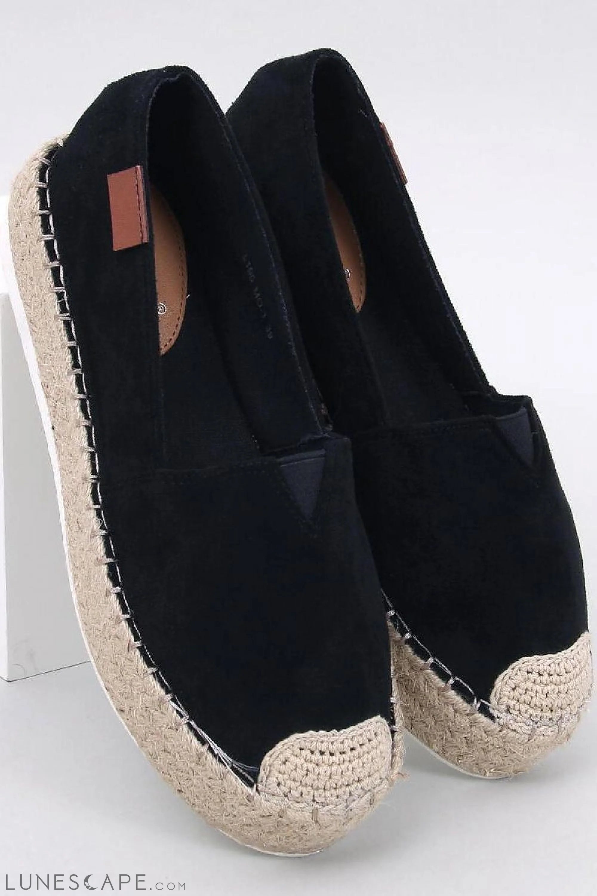 Black Suede Flat Espadrille with Raffia Cap Toe LUNESCAPE