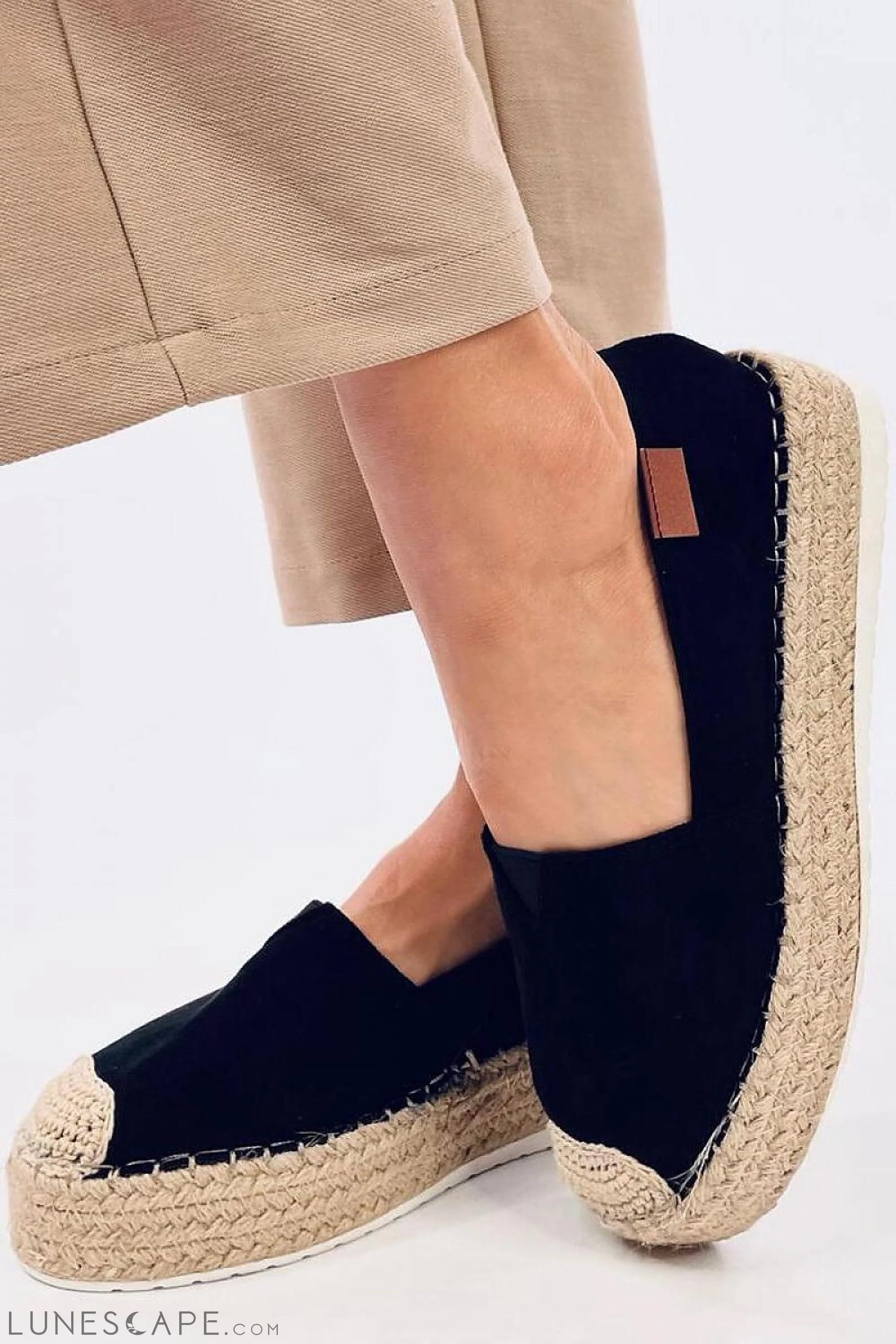Black Suede Flat Espadrille with Raffia Cap Toe LUNESCAPE