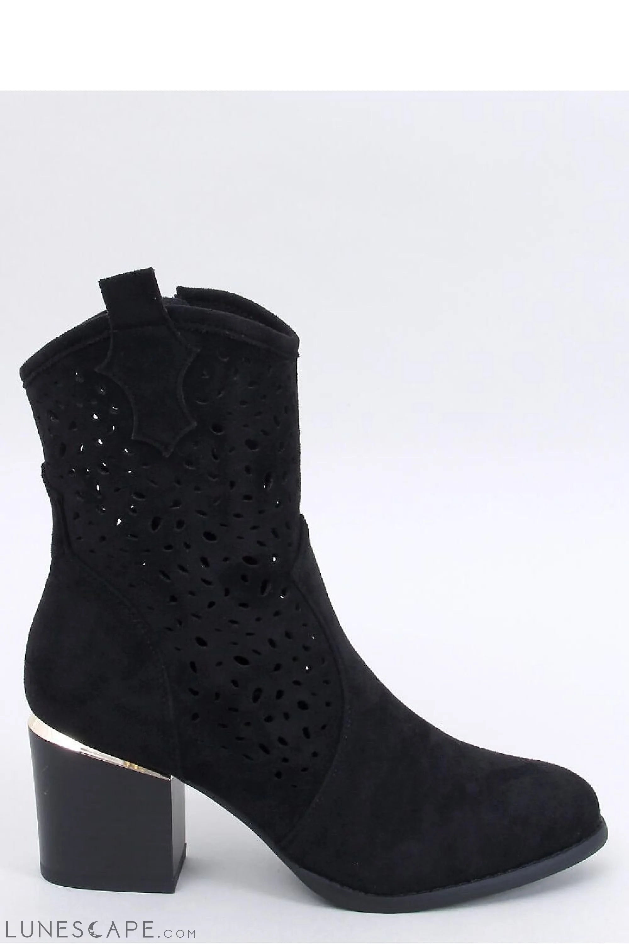 Black Suede Western Ankle Boot with Metallic Heel Detail for Women LUNESCAPE