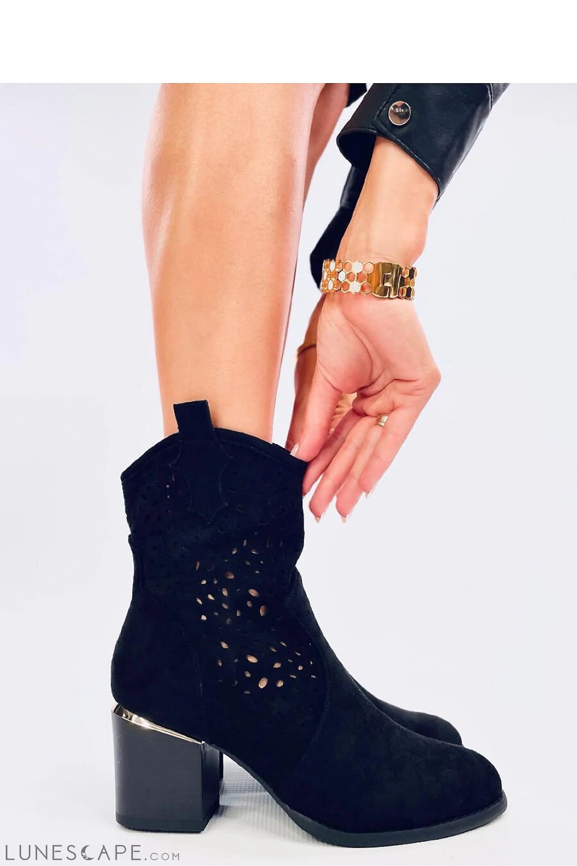 Black Suede Western Ankle Boot with Metallic Heel Detail for Women LUNESCAPE