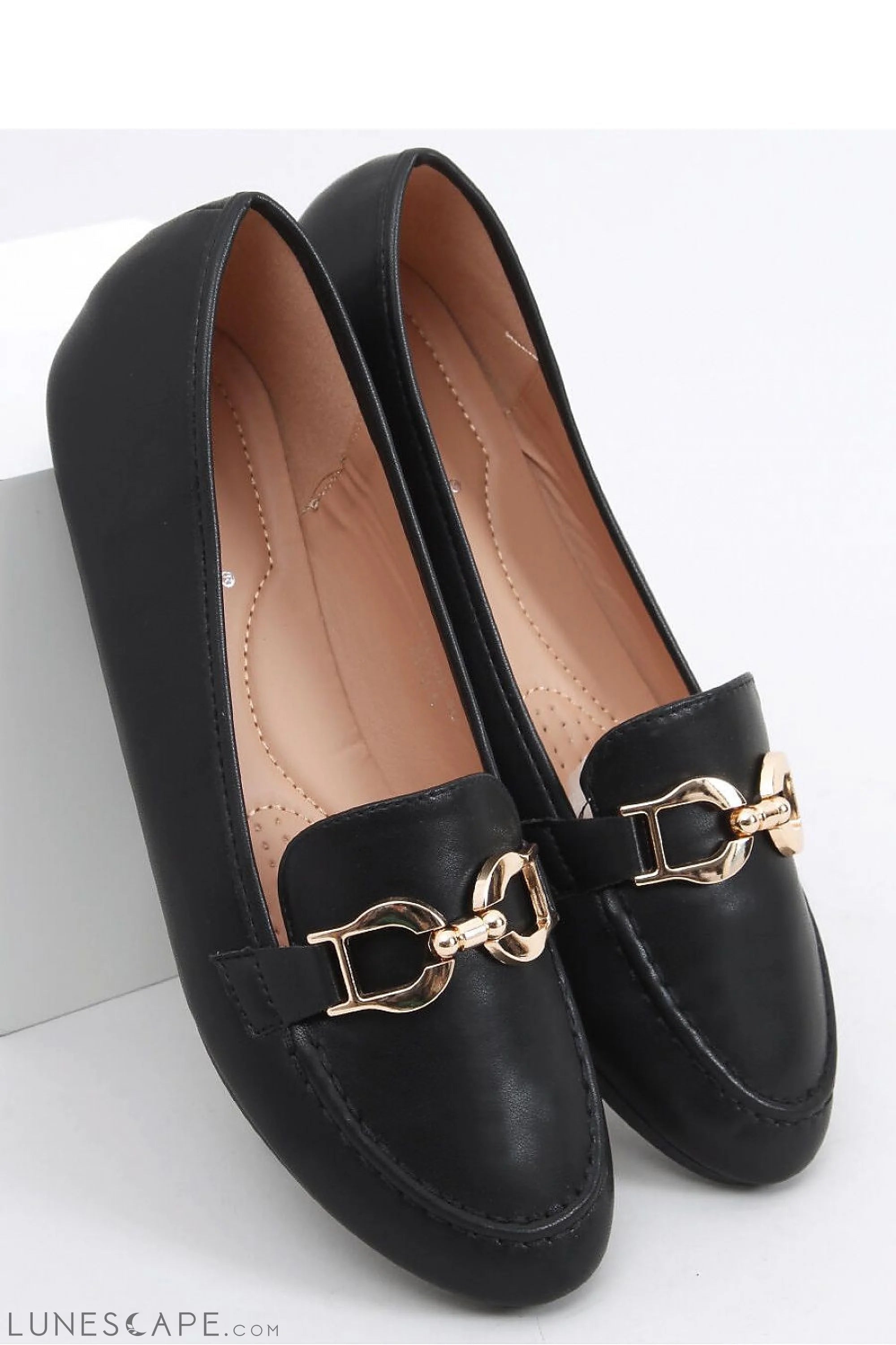 Black Vegan Leather Almond-Toe Loafers with Polished Gold Horsebit Accent LUNESCAPE