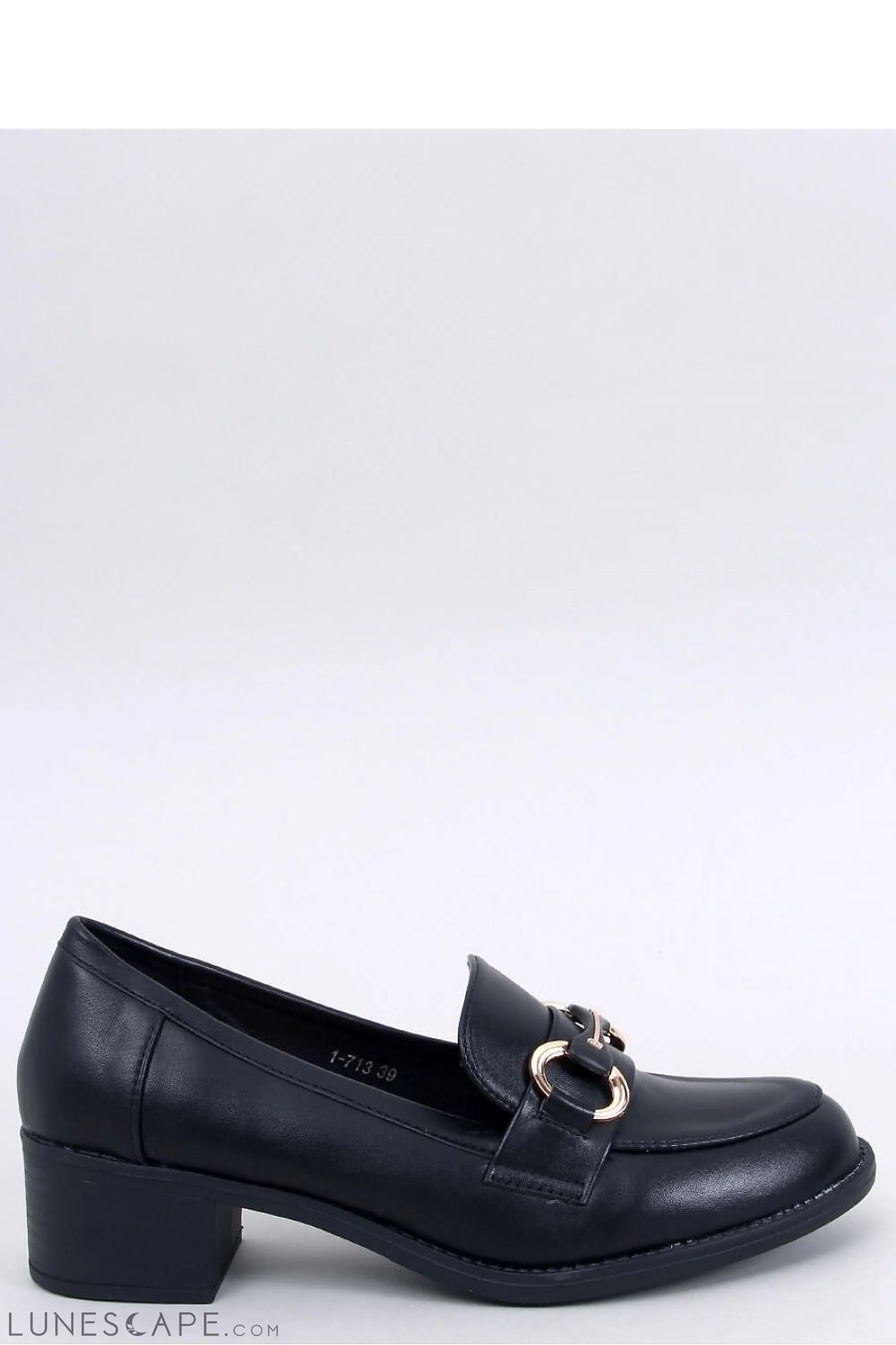 Black Vegan Leather Loafers for Women – Gold Horsebit and Low Block Heel LUNESCAPE