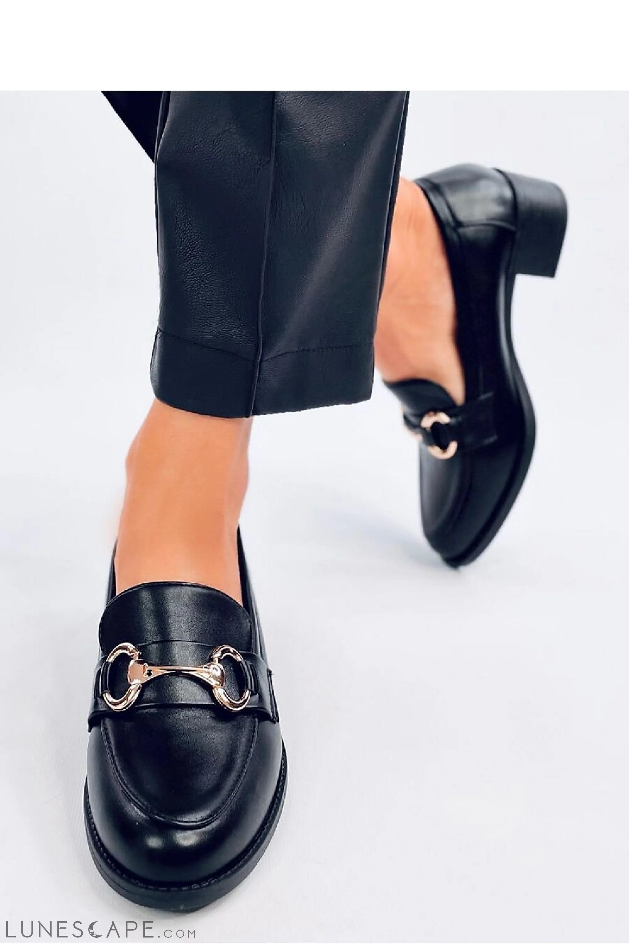 Black Vegan Leather Loafers for Women – Gold Horsebit and Low Block Heel LUNESCAPE