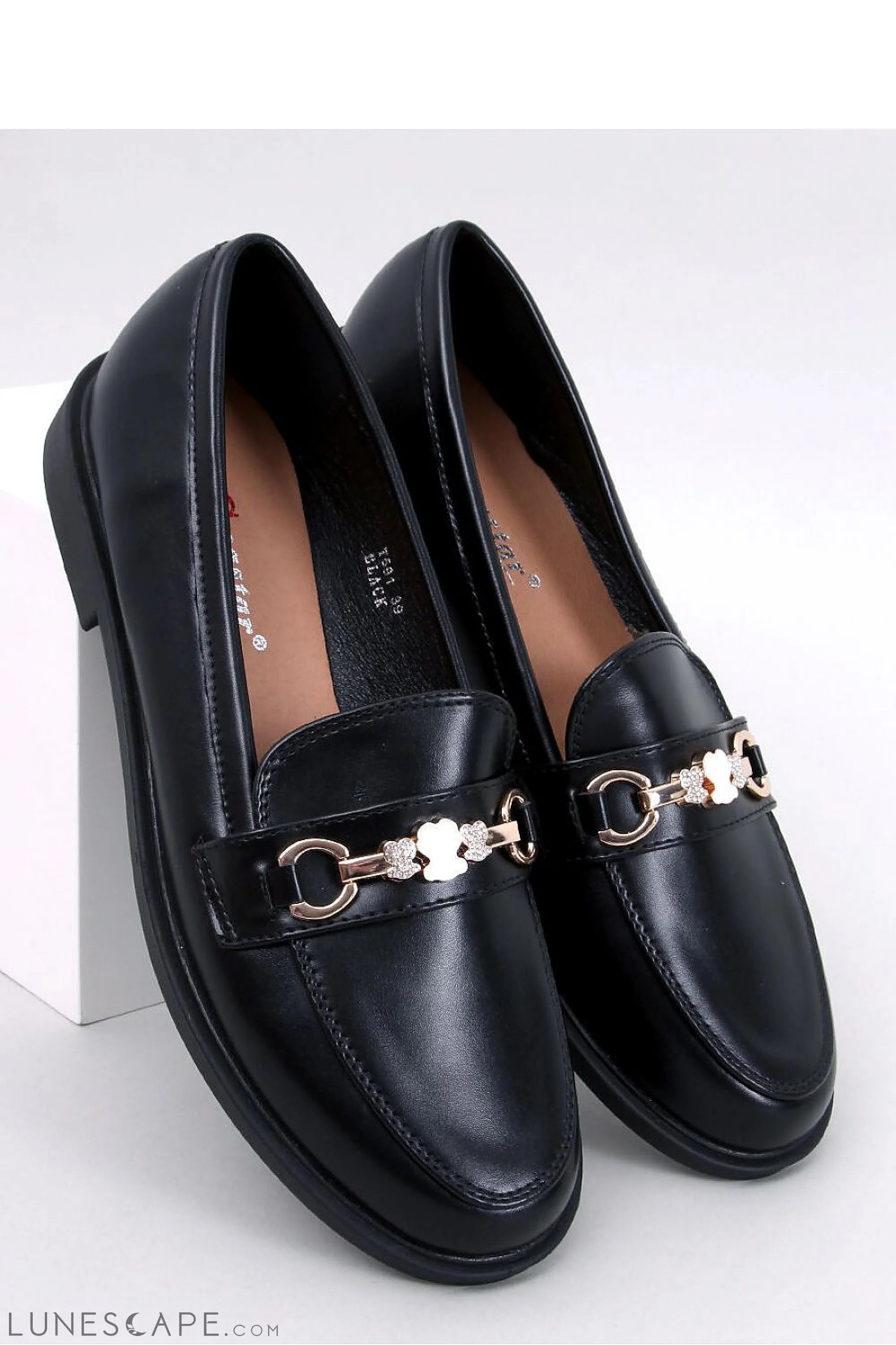 Black Vegan Leather Women’s Loafers with Gold Bit and Clover Charm Detail LUNESCAPE