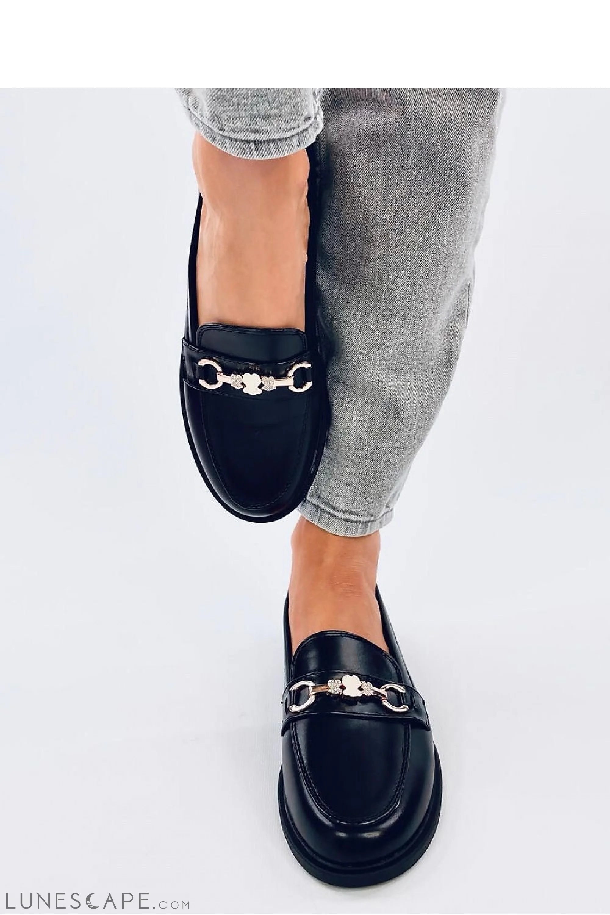 Black Vegan Leather Women’s Loafers with Gold Bit and Clover Charm Detail LUNESCAPE