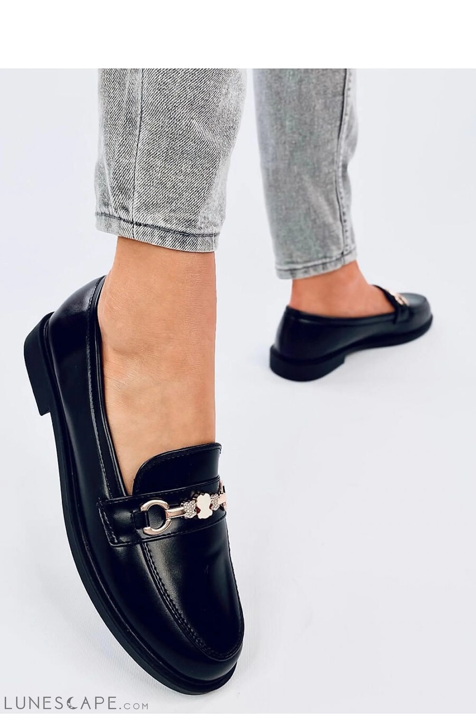 Black Vegan Leather Women’s Loafers with Gold Bit and Clover Charm Detail LUNESCAPE