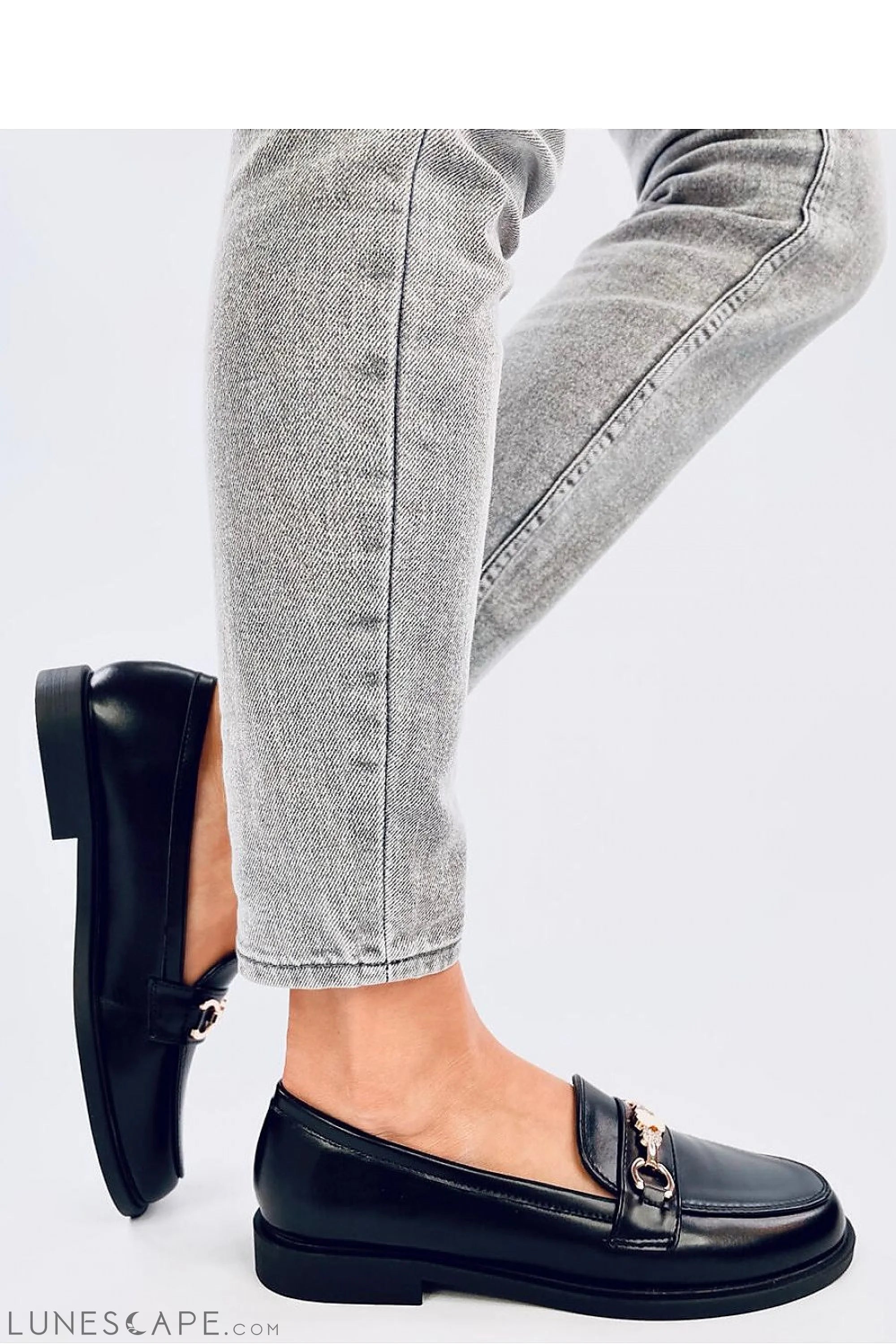 Black Vegan Leather Women’s Loafers with Gold Bit and Clover Charm Detail LUNESCAPE