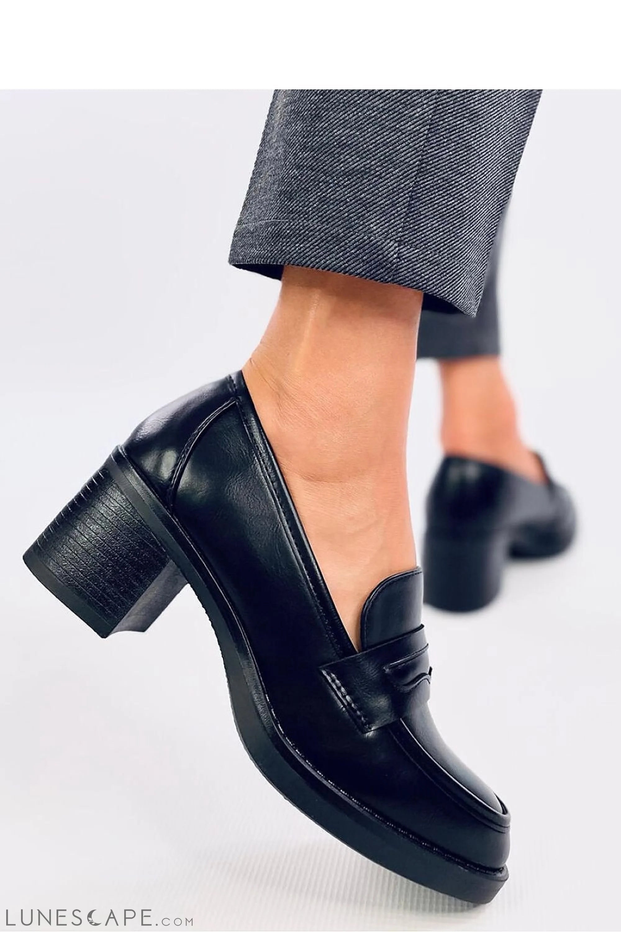 Black Vegan Leather Women’s Platform Loafers with Stacked Block Heel LUNESCAPE