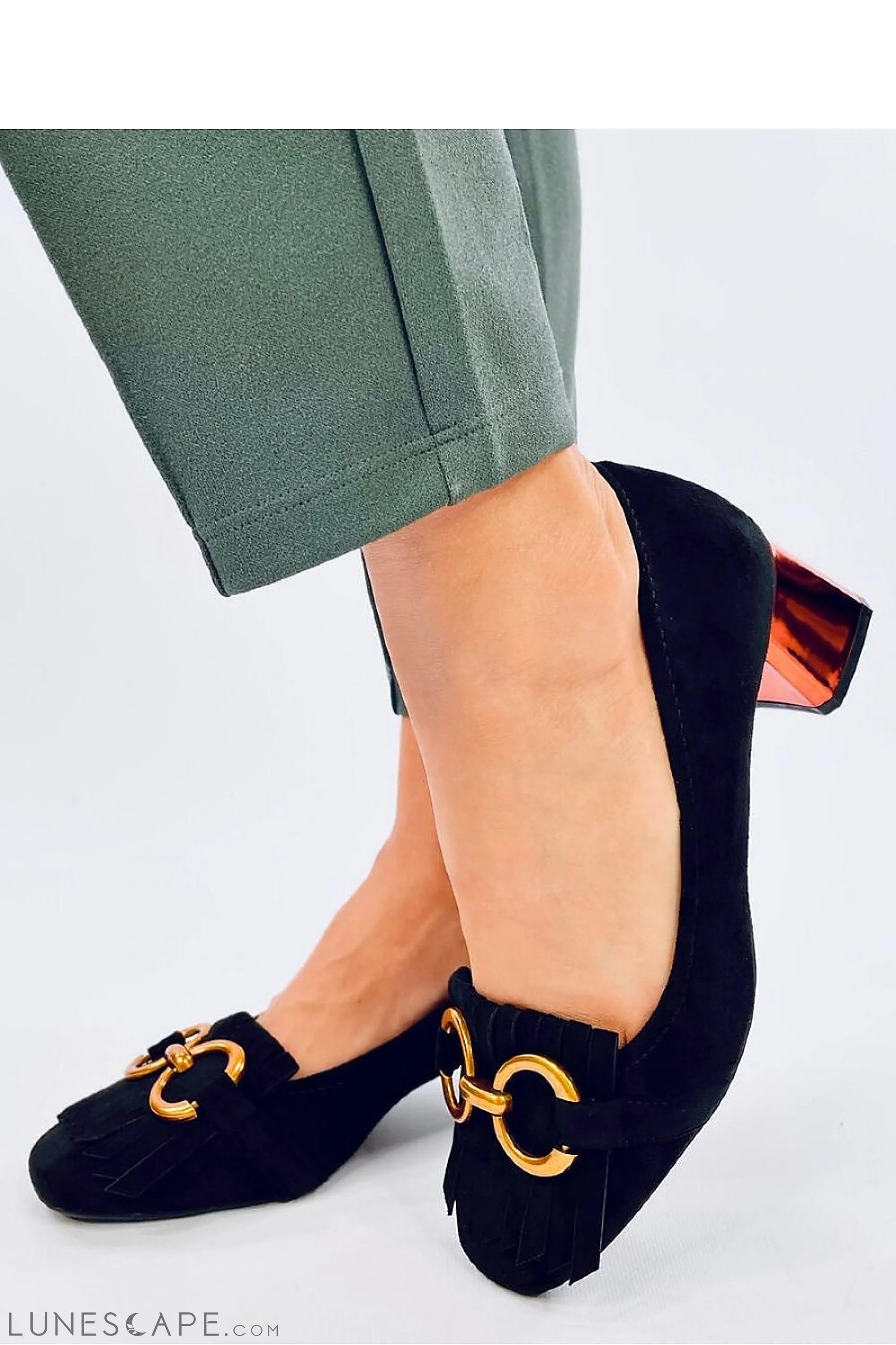Black Vegan Suede Fringe Heels with Gold Bit Detail and Copper Block Heel LUNESCAPE