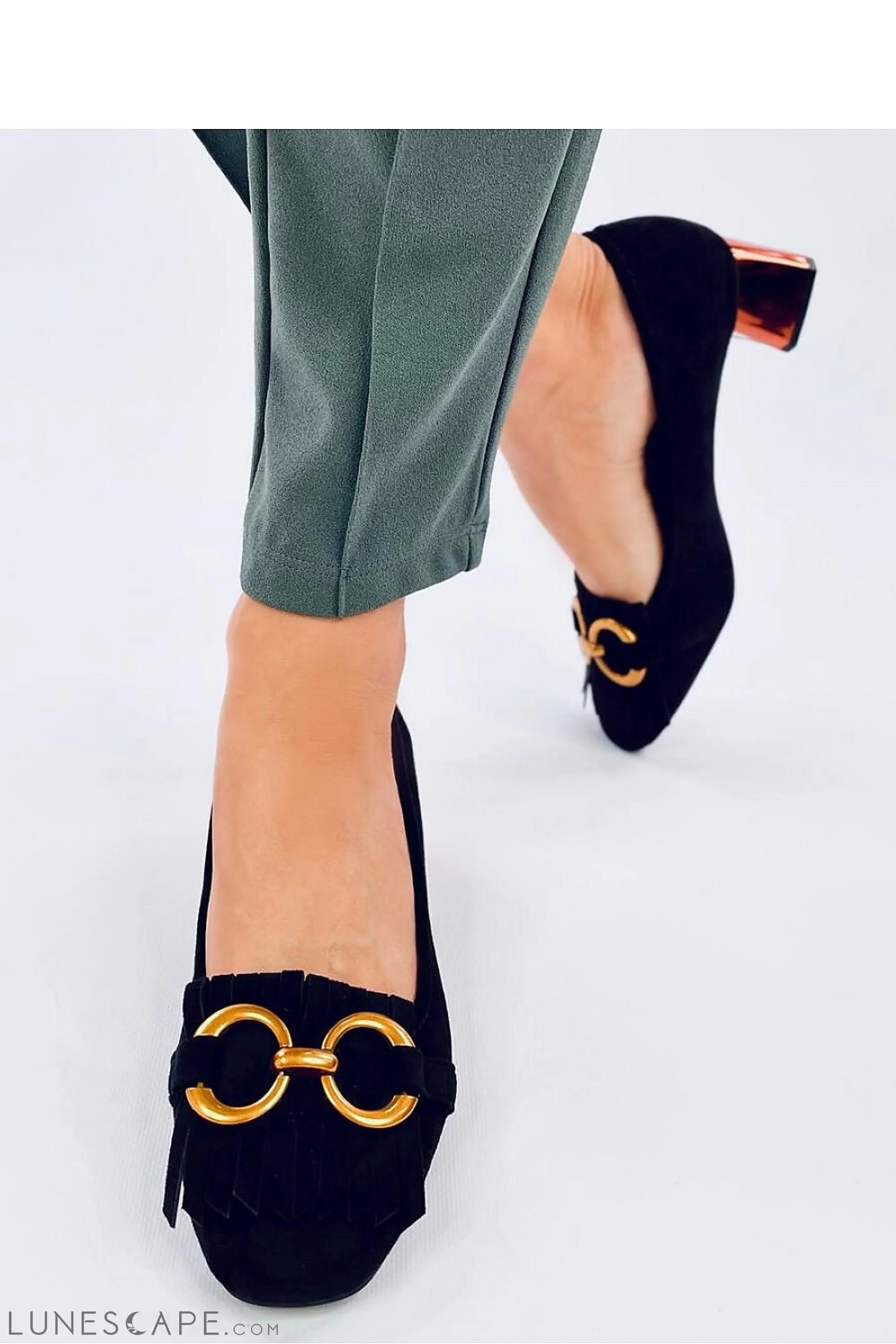 Black Vegan Suede Fringe Heels with Gold Bit Detail and Copper Block Heel LUNESCAPE