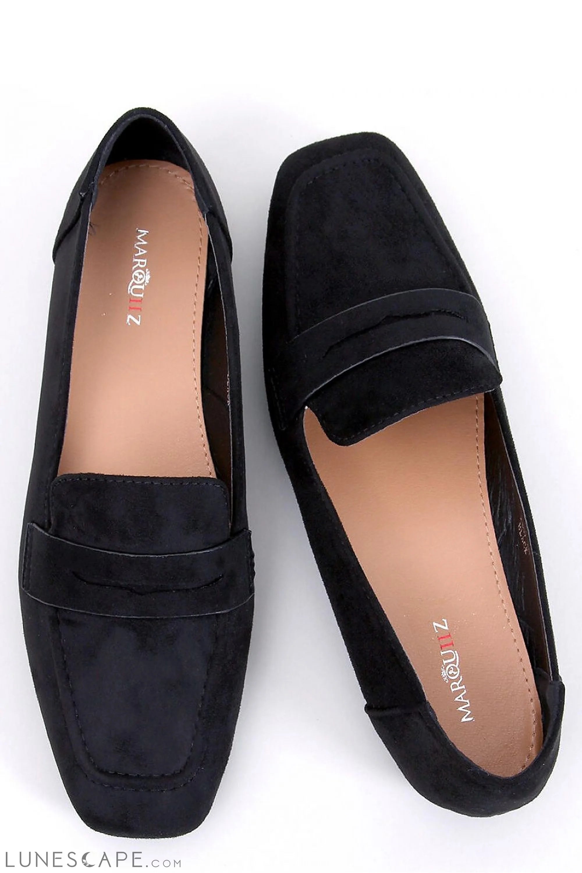 Black Vegan Suede Loafers – Women’s Square Toe with Penny Strap Detail LUNESCAPE