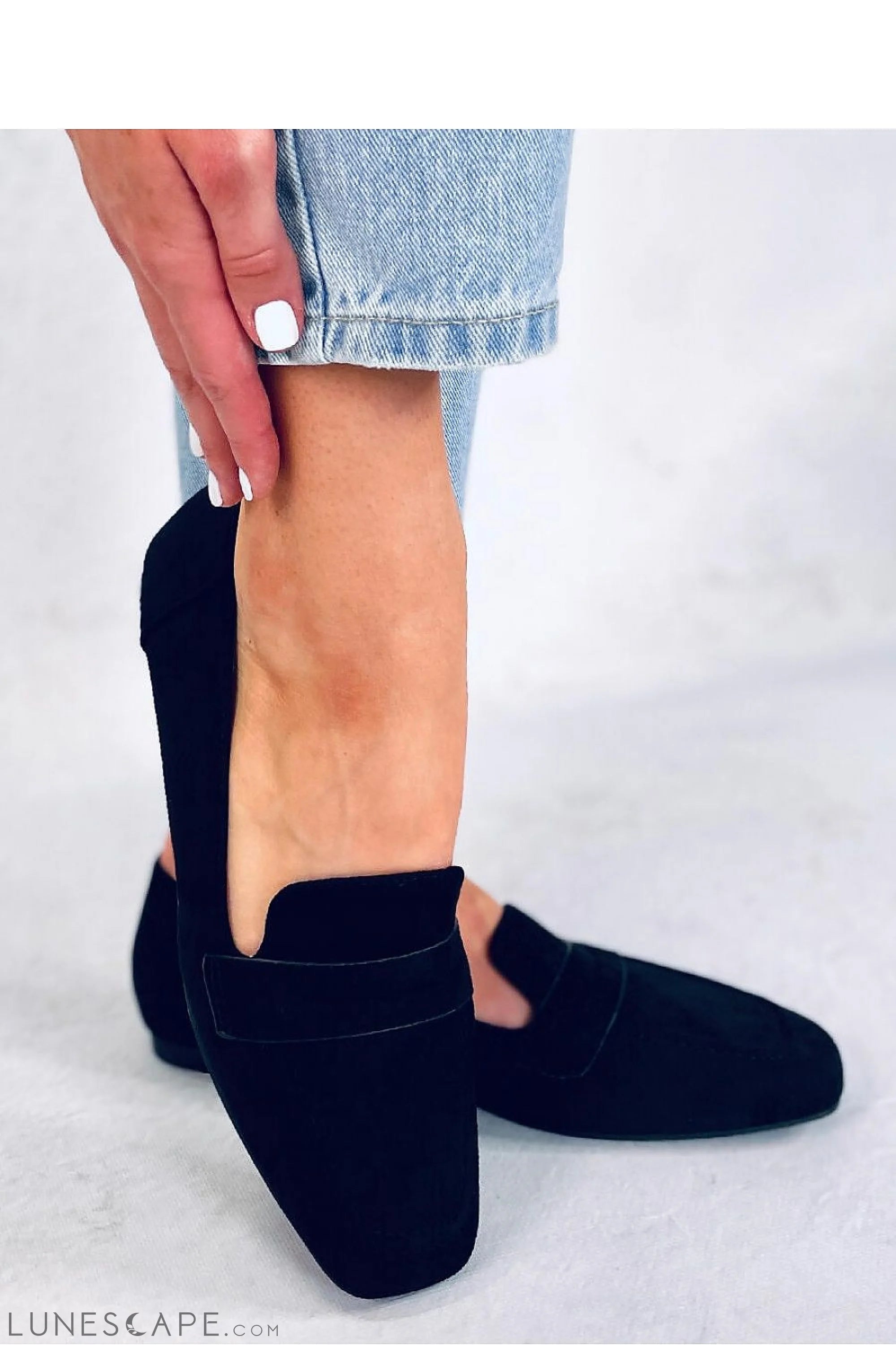 Black Vegan Suede Loafers – Women’s Square Toe with Penny Strap Detail LUNESCAPE