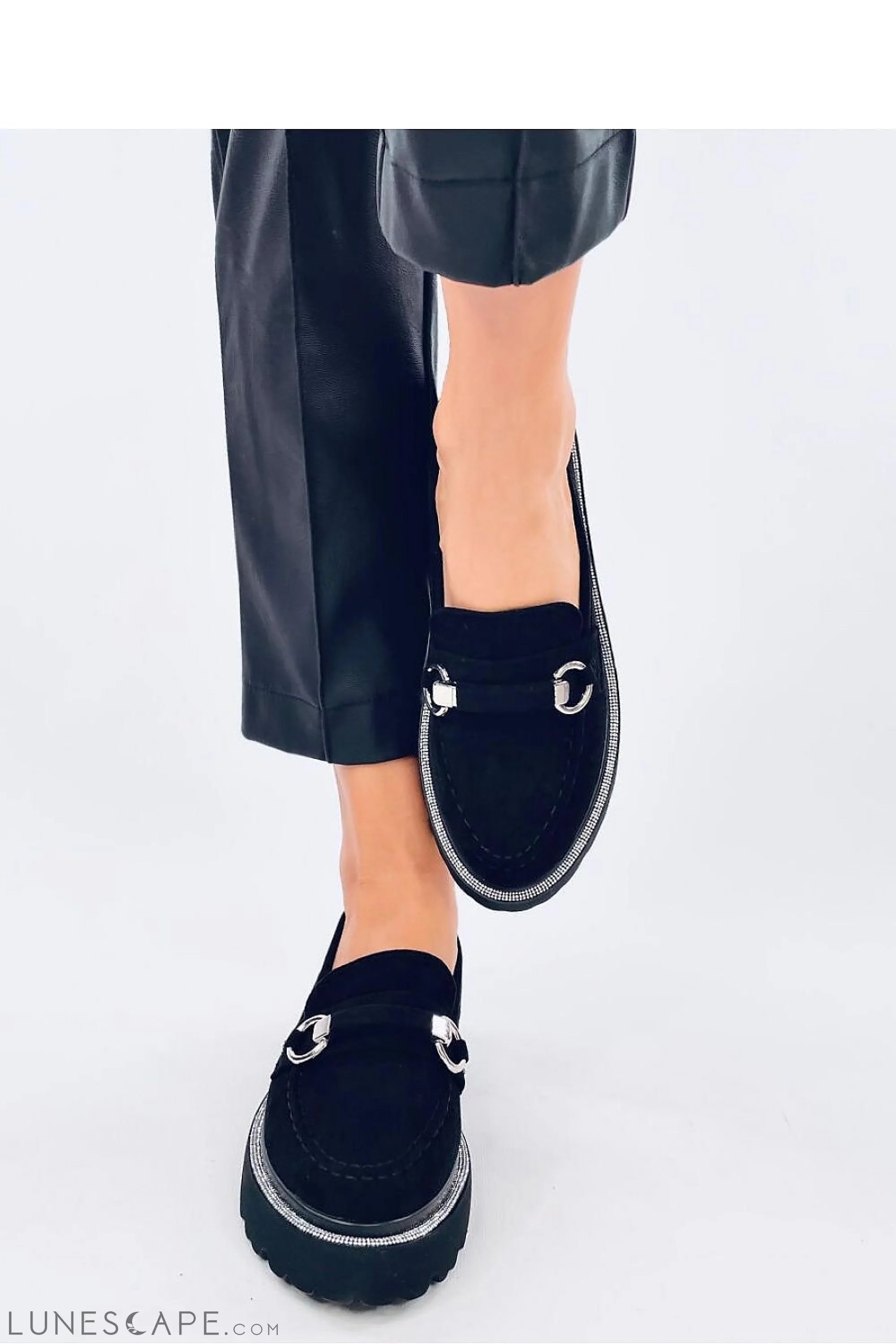Black Vegan Suede Platform Loafers with Silver Bit Detail and Rhinestone Trim LUNESCAPE