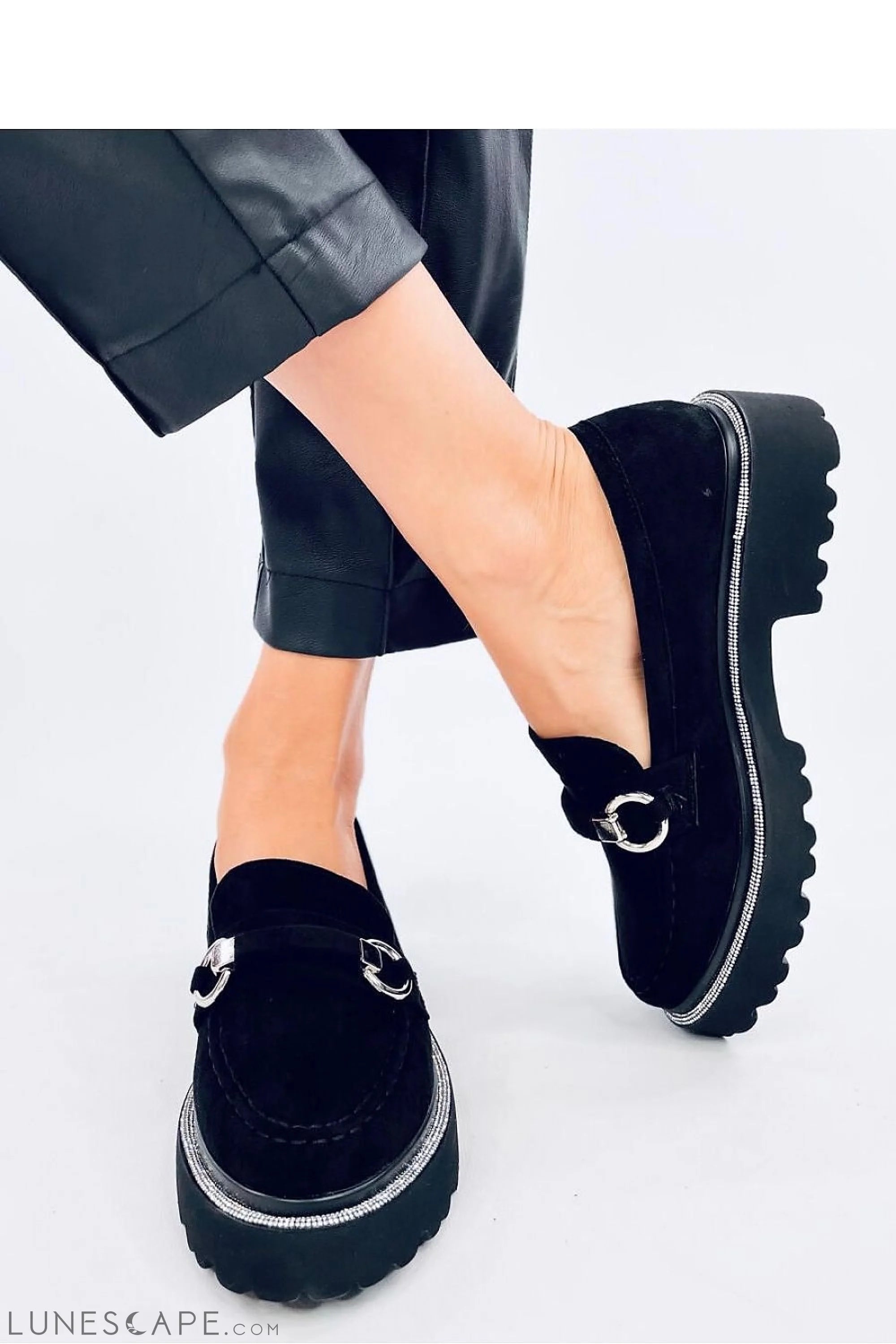 Black Vegan Suede Platform Loafers with Silver Bit Detail and Rhinestone Trim LUNESCAPE
