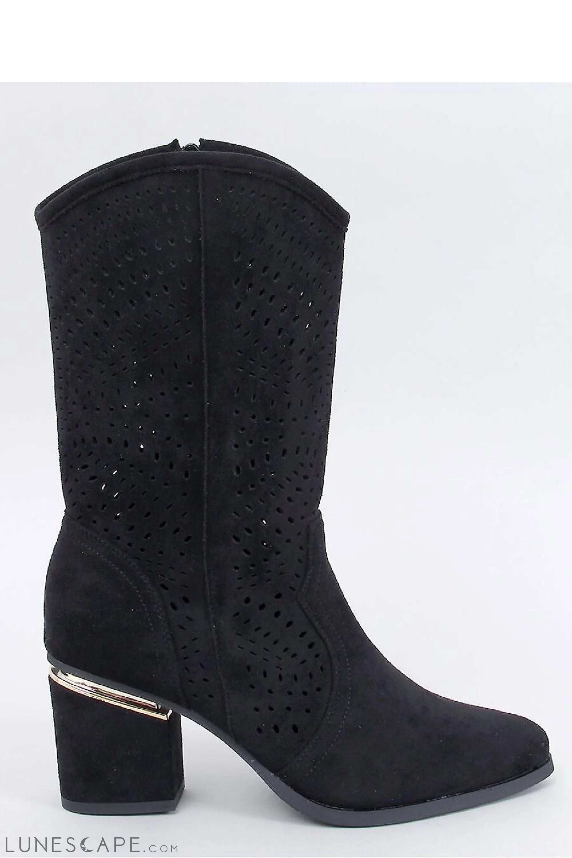Black Western Knee-High Suede High Heel Boots with Lacy Openwork Detail LUNESCAPE