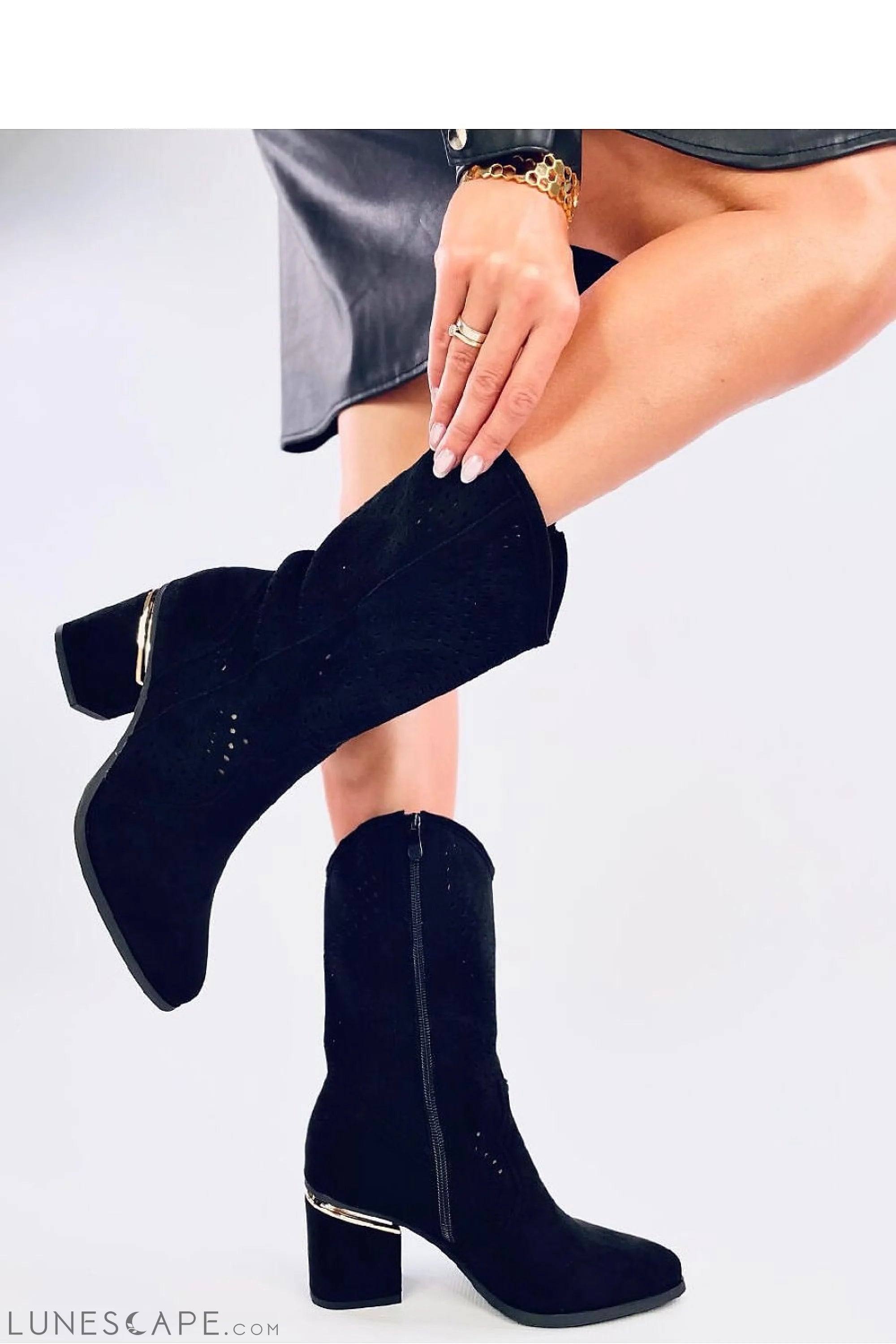 Black Western Knee-High Suede High Heel Boots with Lacy Openwork Detail LUNESCAPE