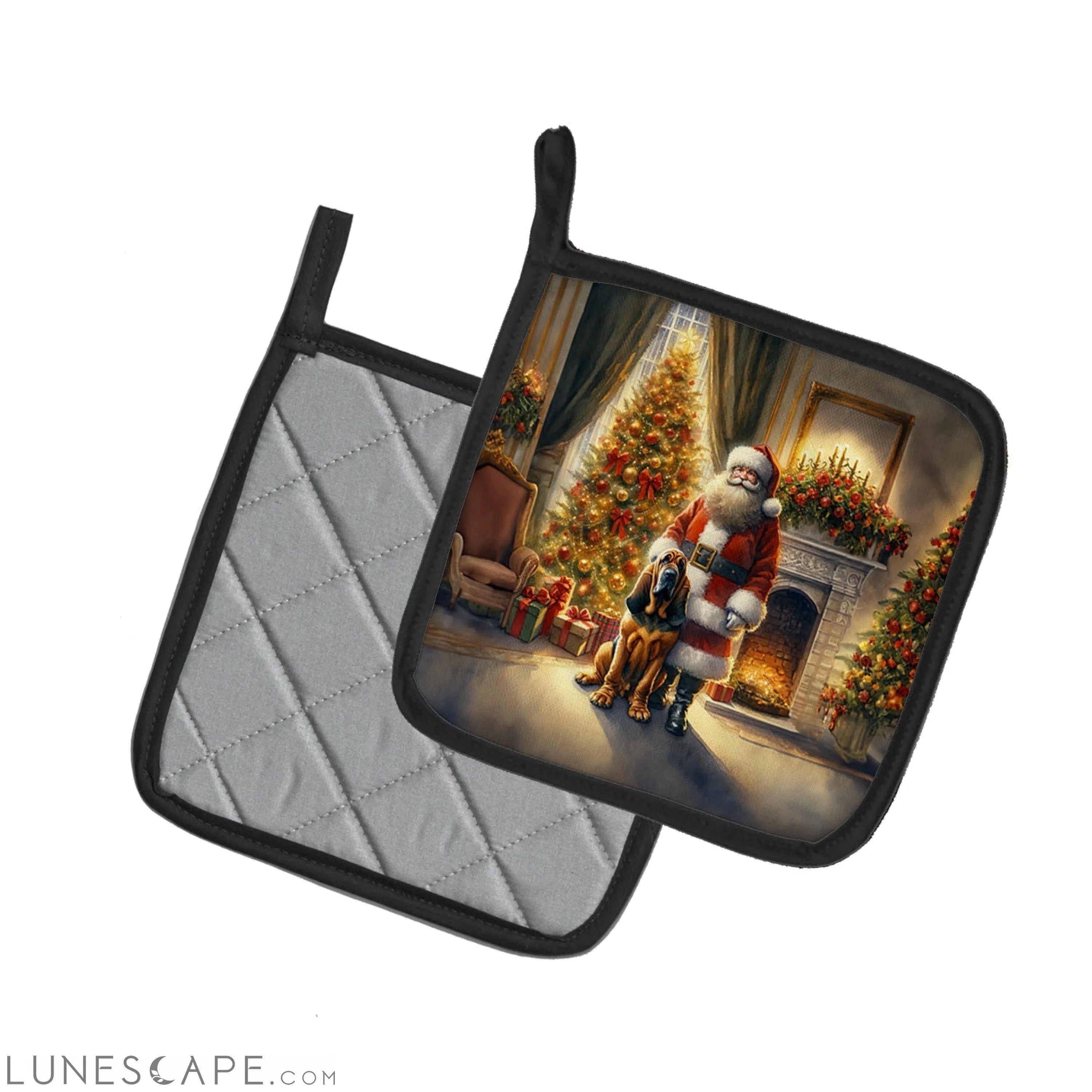 Bloodhound and Santa Claus Pair of Pot Holders LUNESCAPE