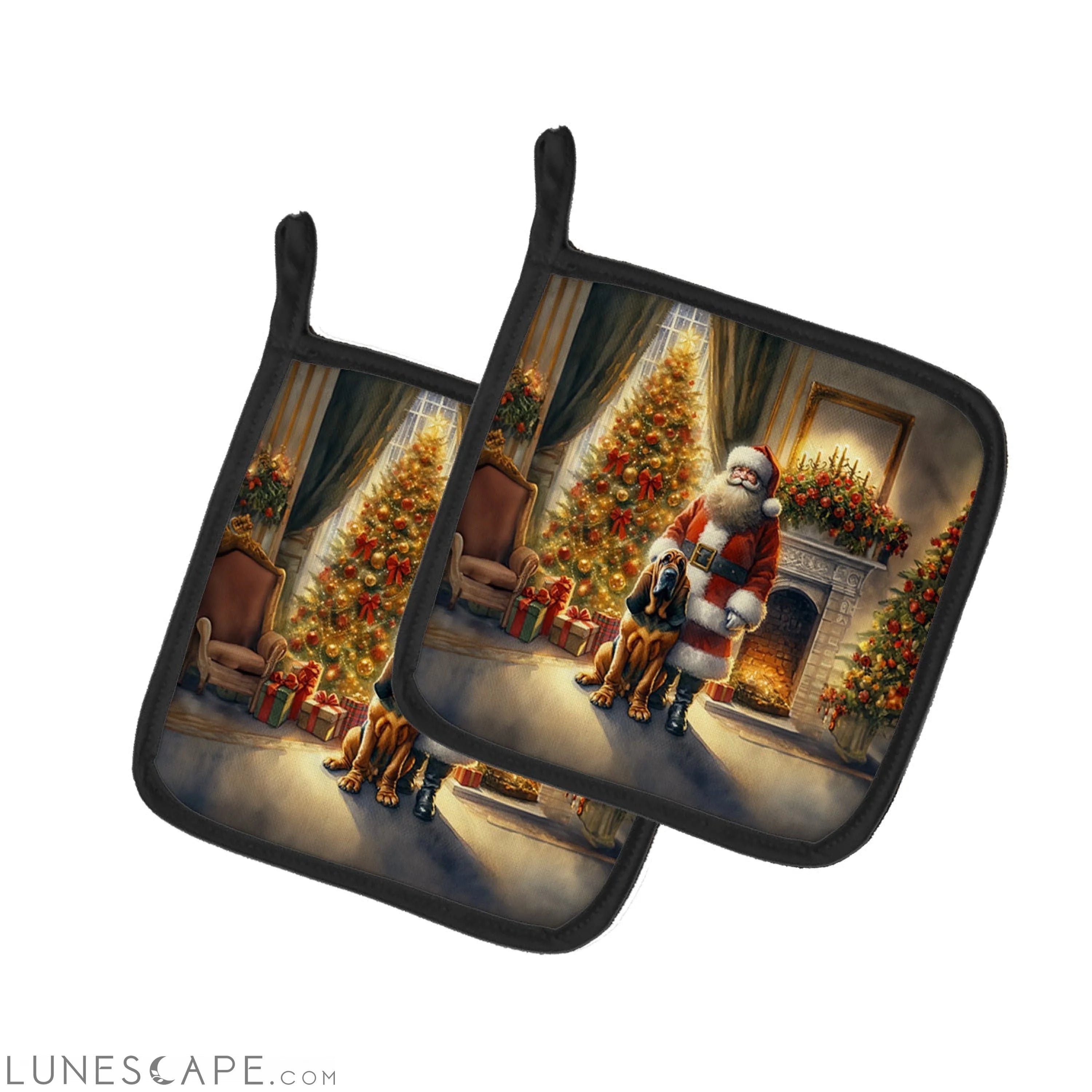 Bloodhound and Santa Claus Pair of Pot Holders LUNESCAPE