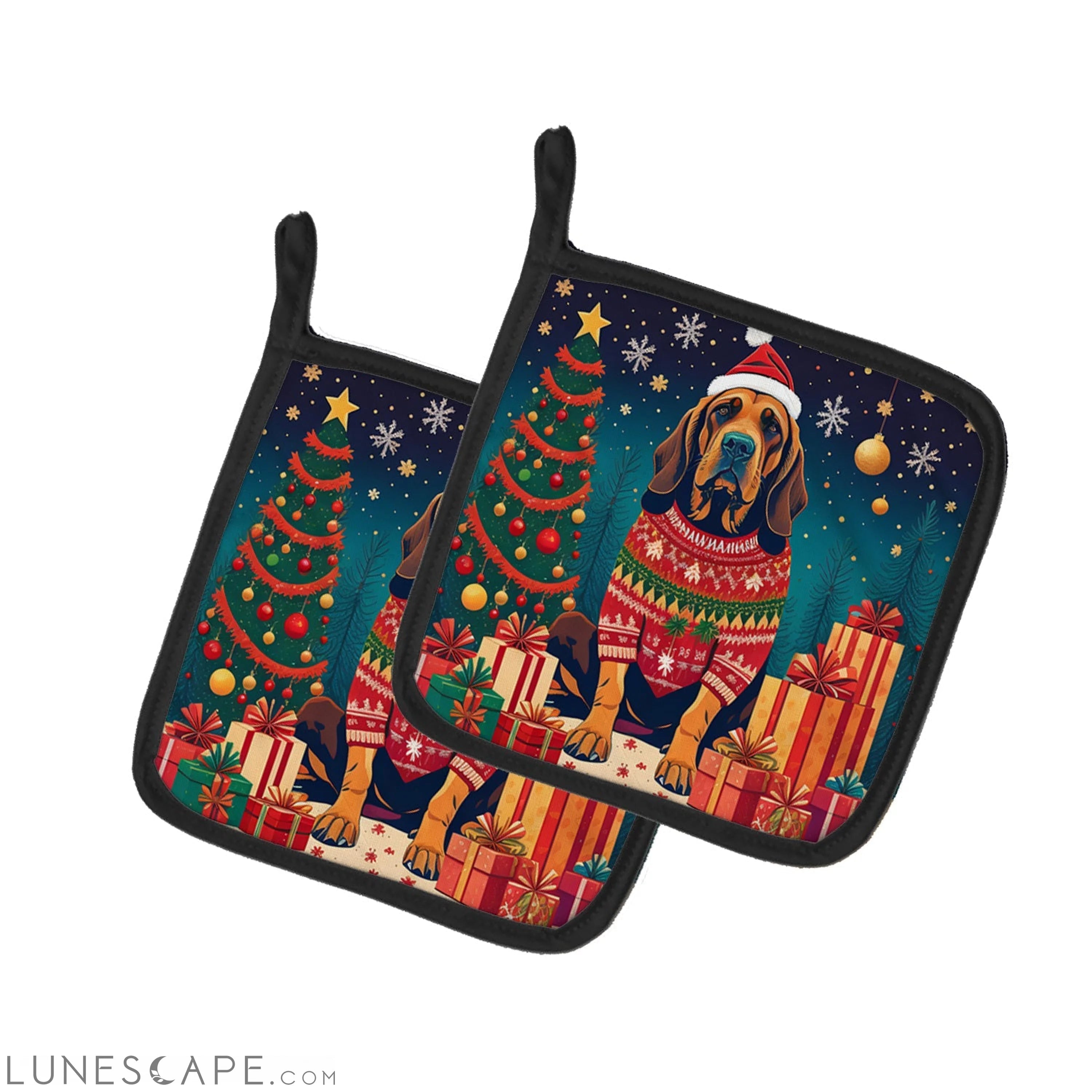 Bloodhound Christmas Pair of Pot Holders LUNESCAPE