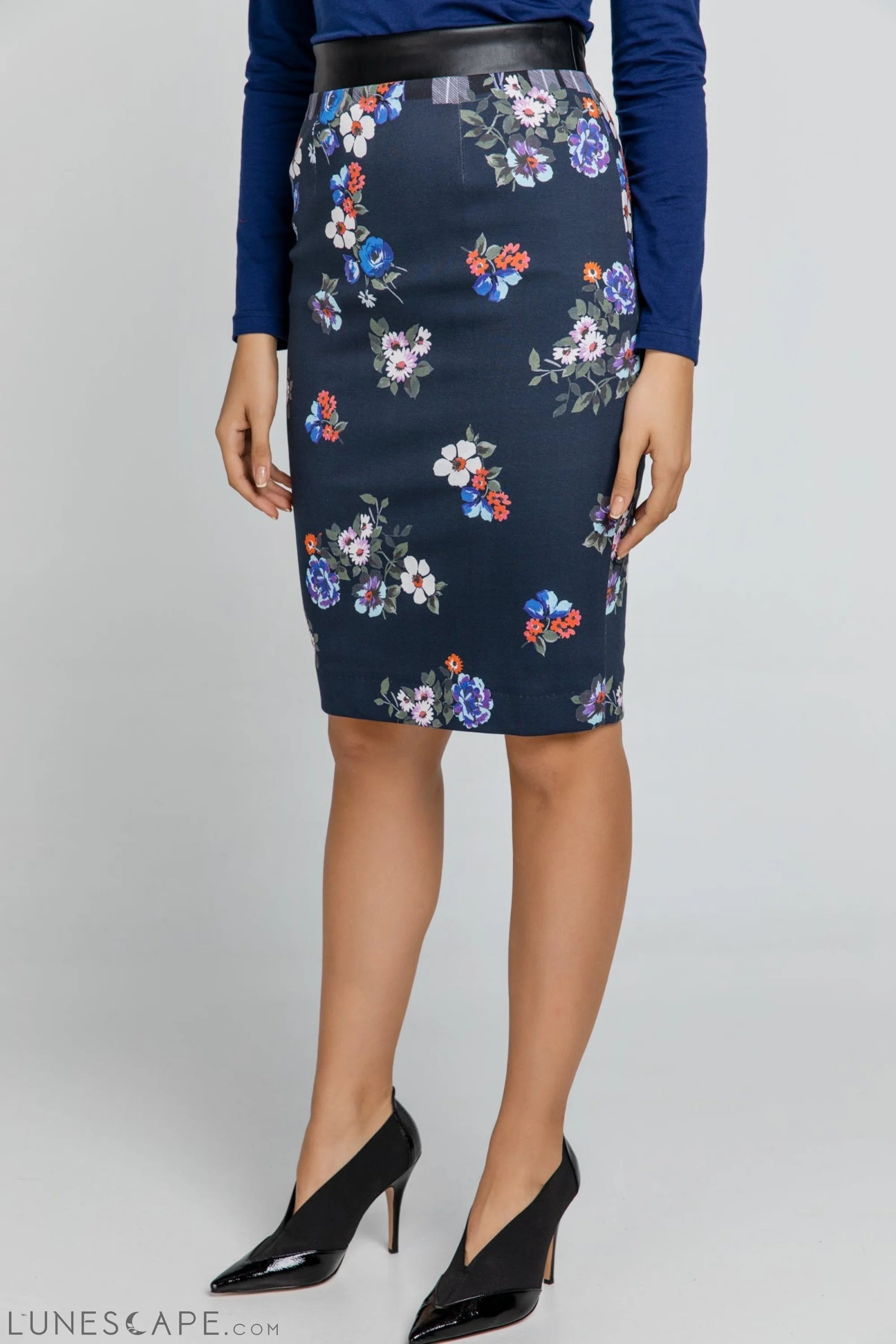 Blue Patterned Pencil Skirt LUNESCAPE