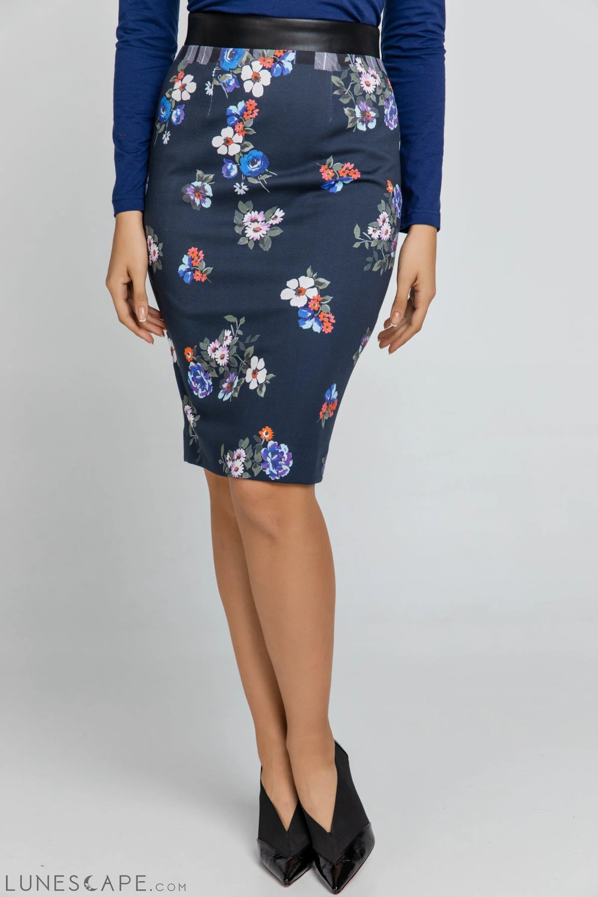 Blue Patterned Pencil Skirt LUNESCAPE