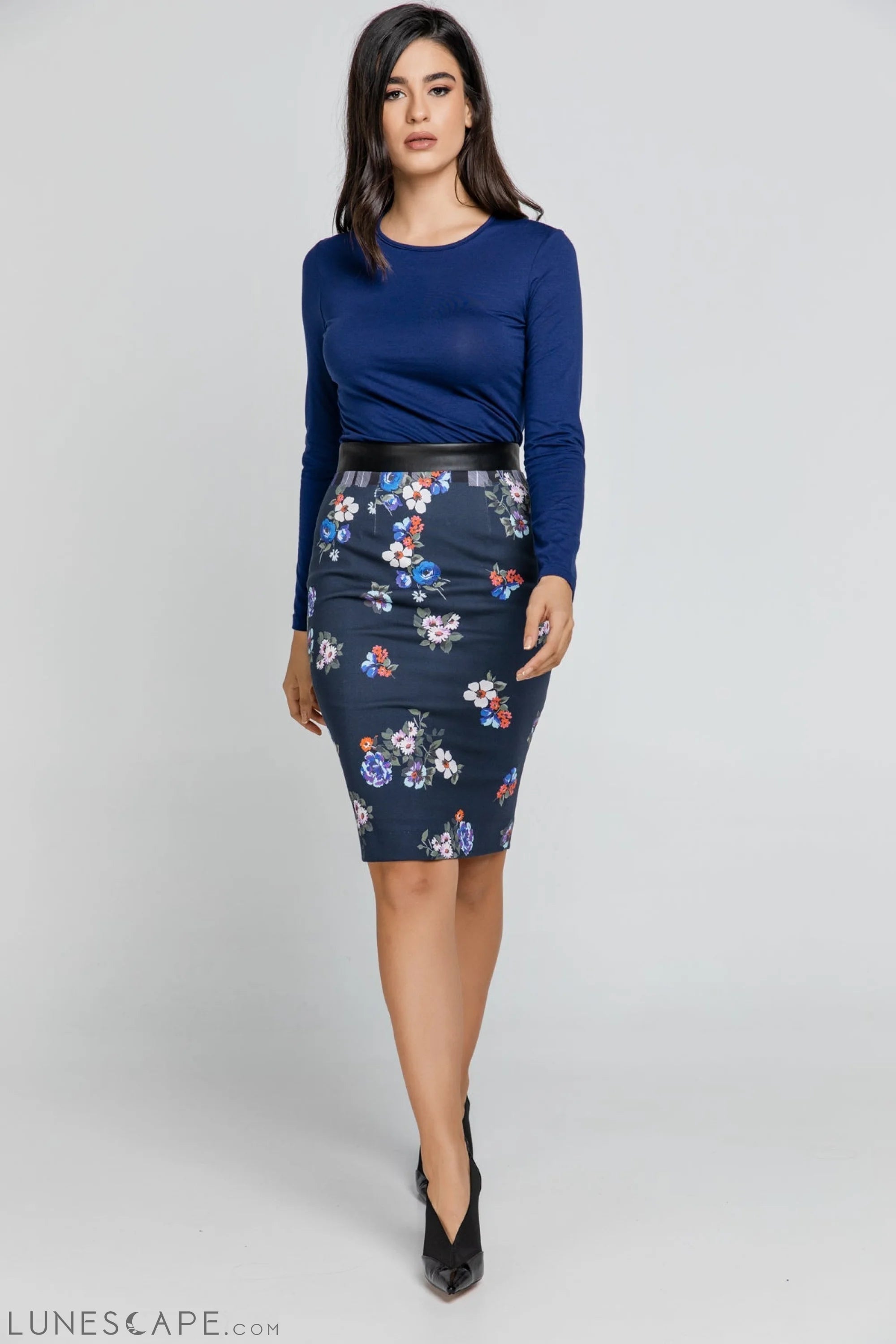 Blue Patterned Pencil Skirt LUNESCAPE