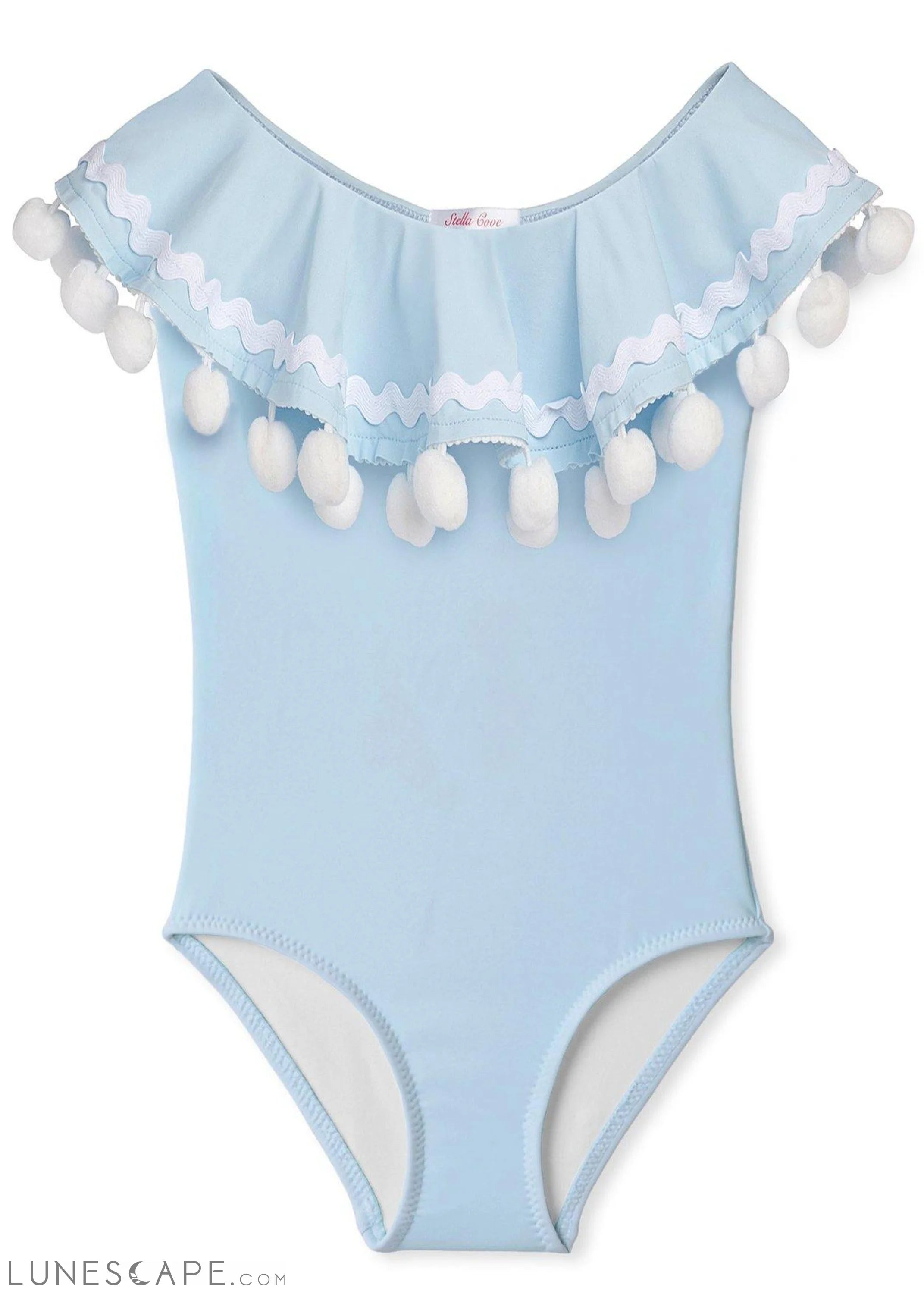 Blue Ruffled Swimsuit Bathing Suit with White Pom Poms LUNESCAPE