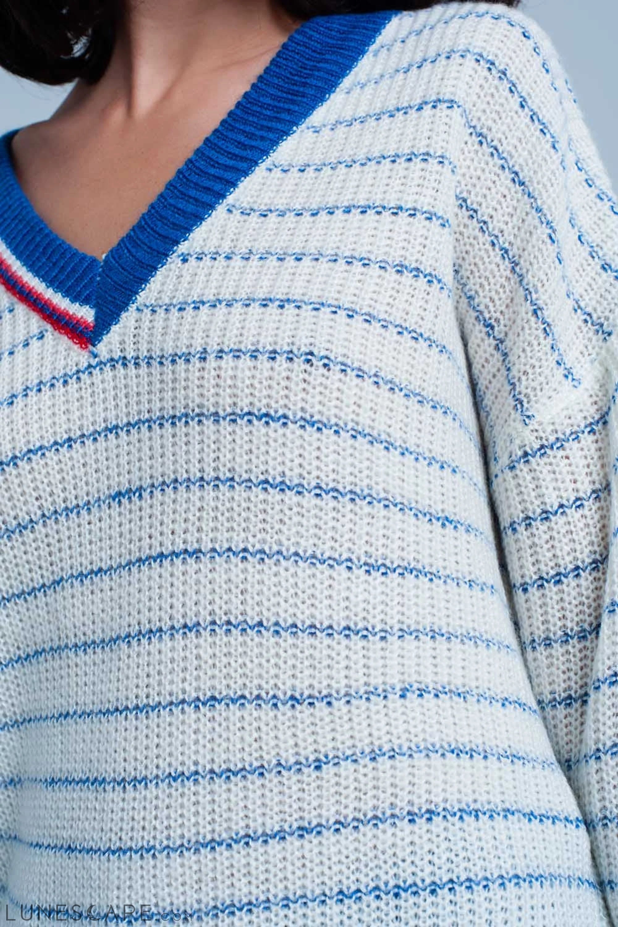 Blue Striped Sweater With V-Neck LUNESCAPE