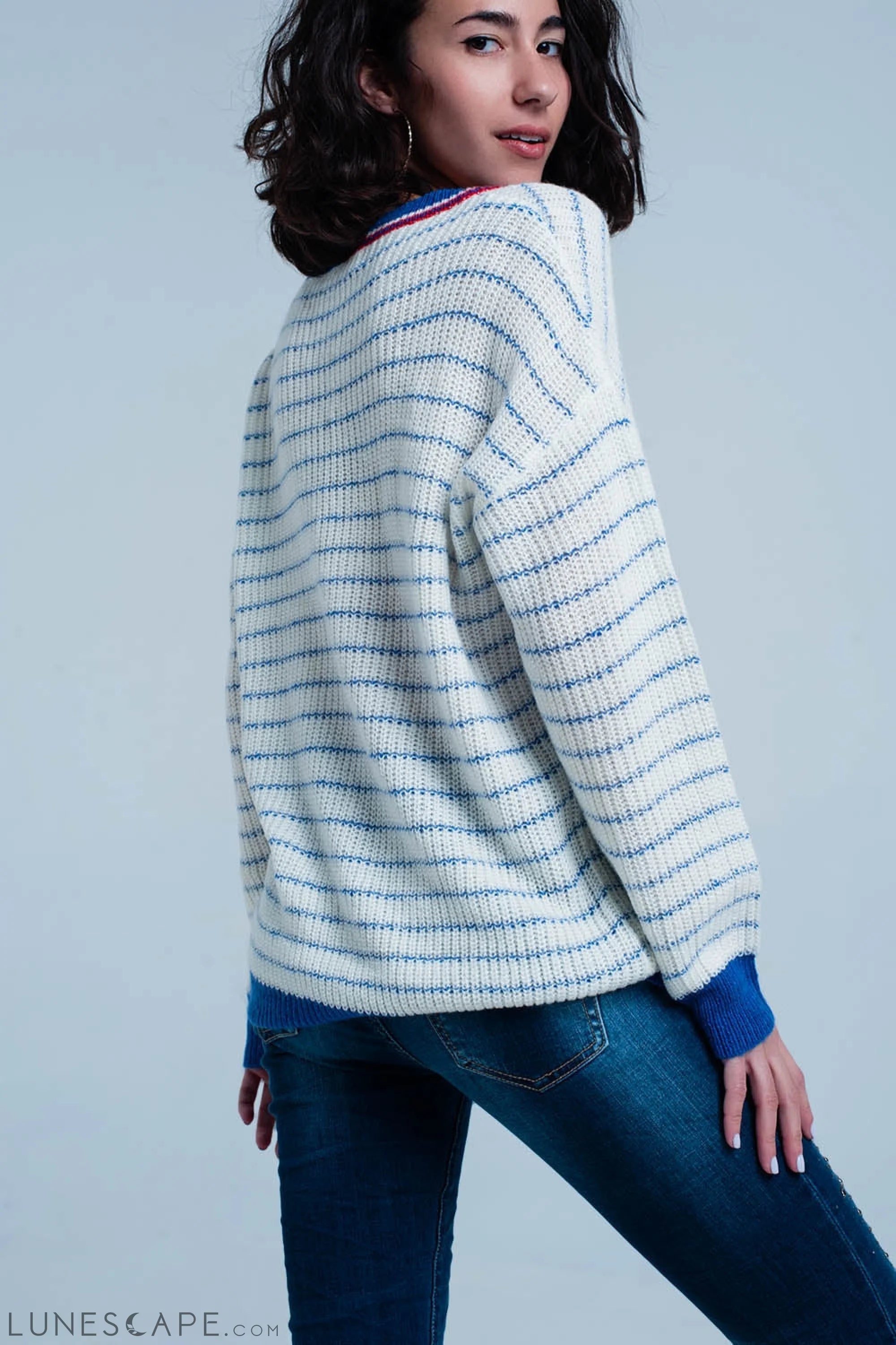 Blue Striped Sweater With V-Neck LUNESCAPE