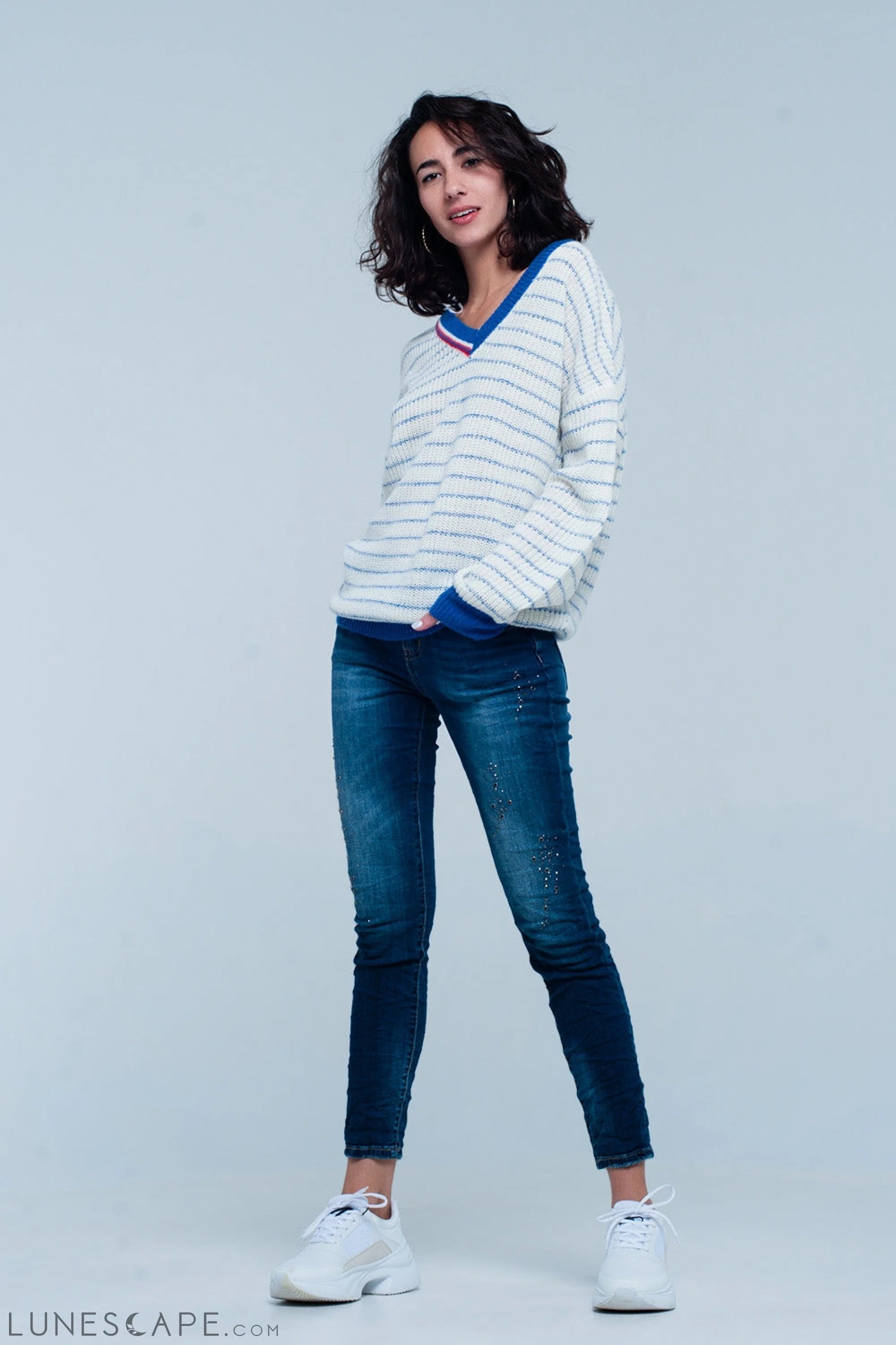 Blue Striped Sweater With V-Neck LUNESCAPE