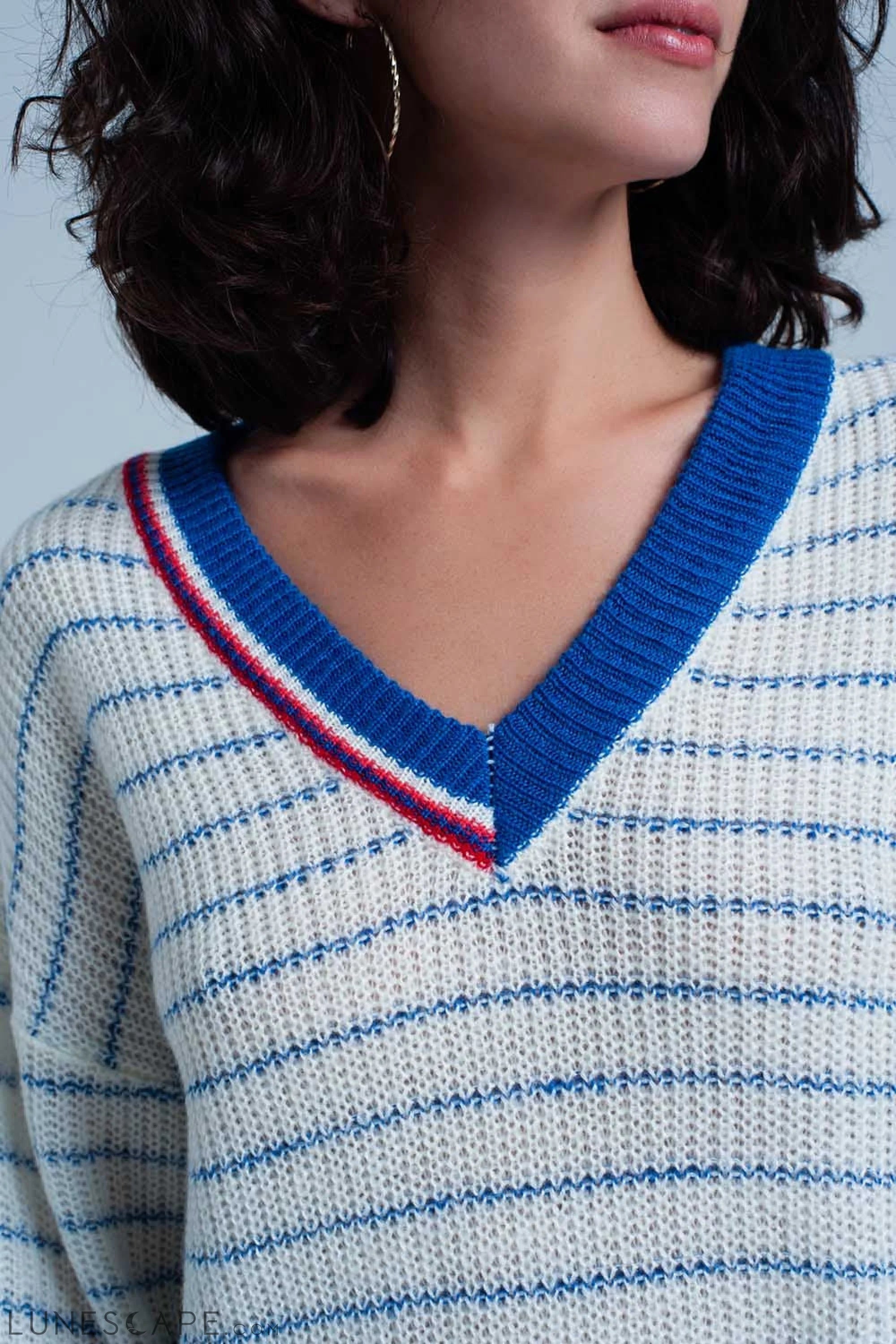 Blue Striped Sweater With V-Neck LUNESCAPE