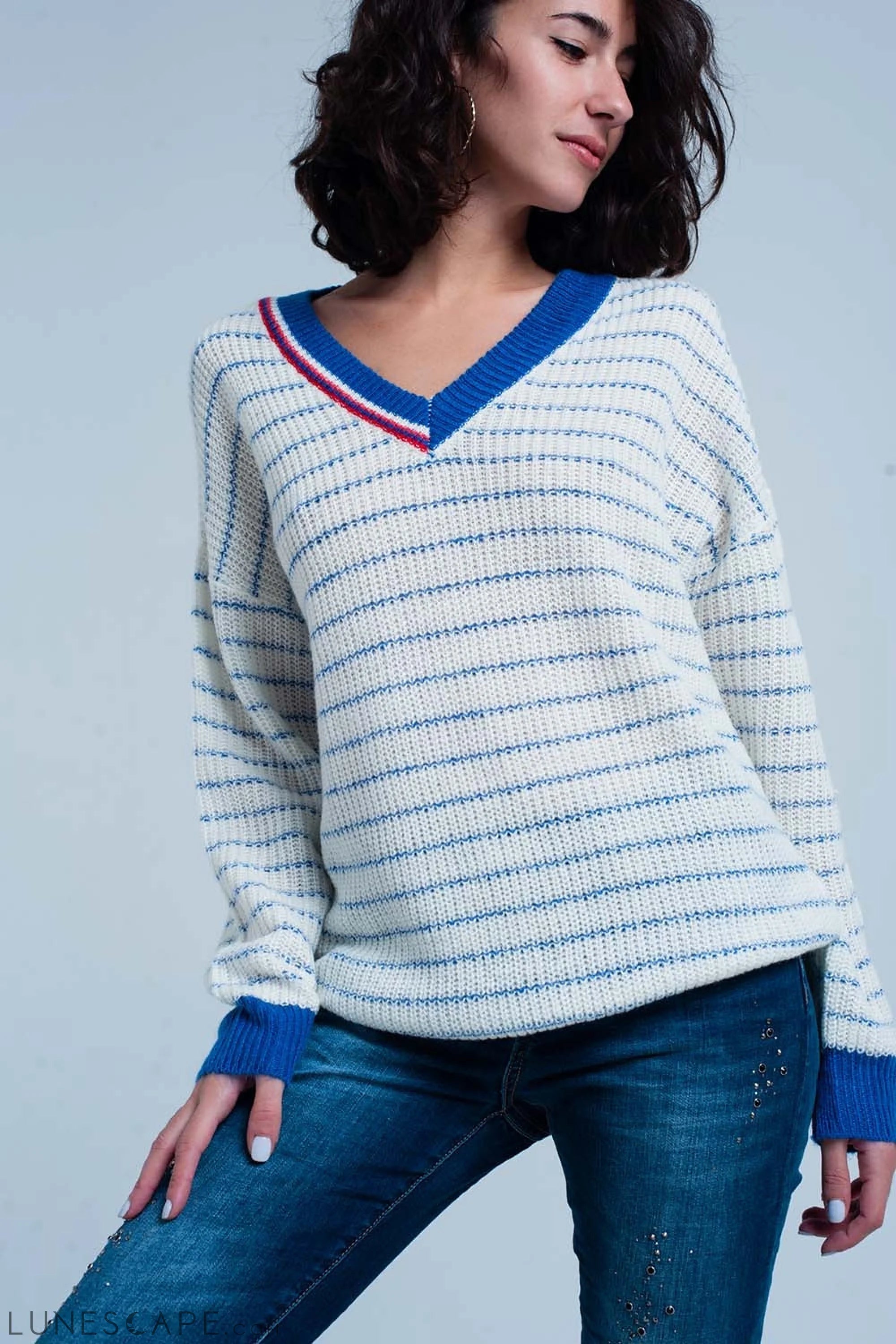 Blue Striped Sweater With V-Neck LUNESCAPE