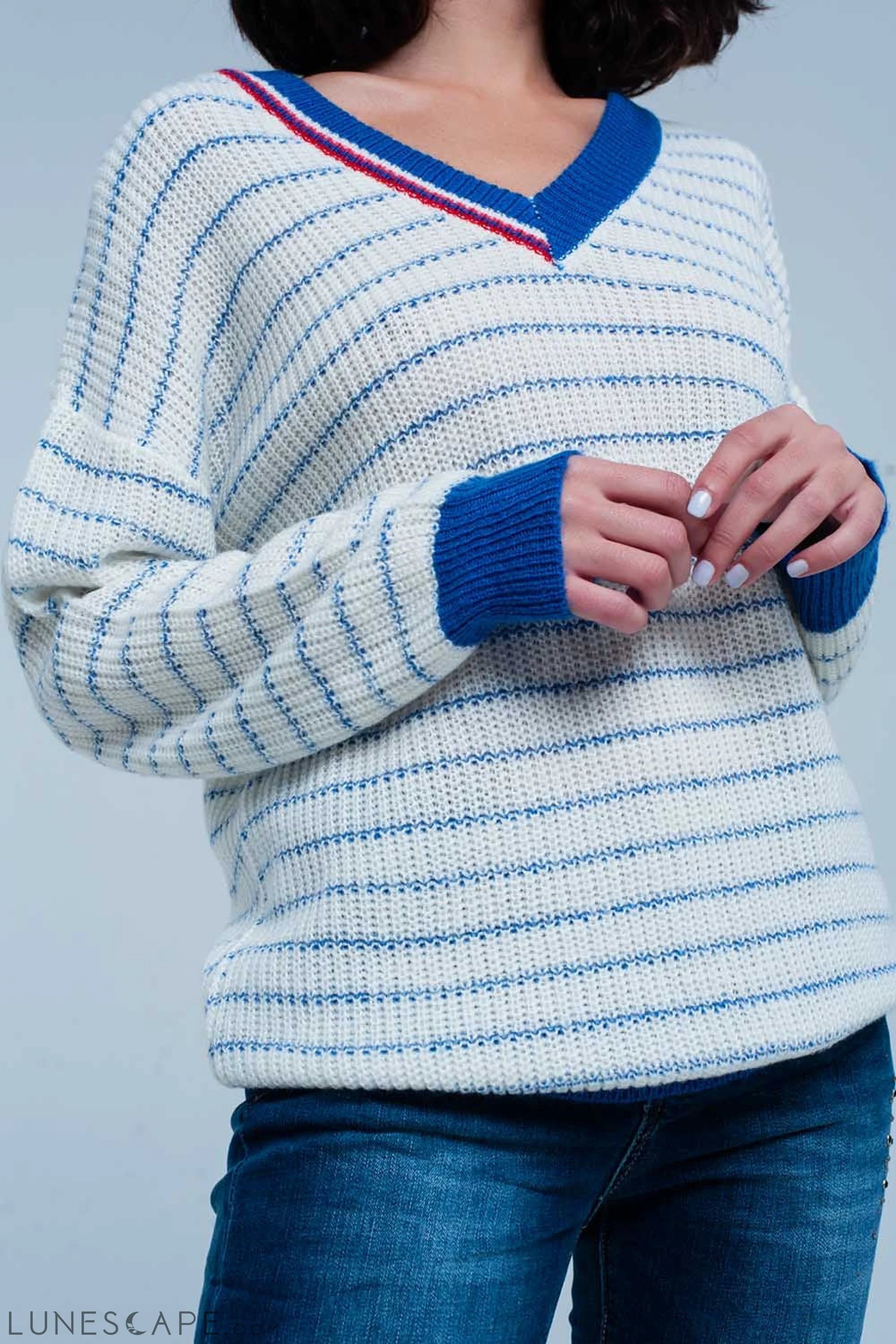 Blue Striped Sweater With V-Neck LUNESCAPE