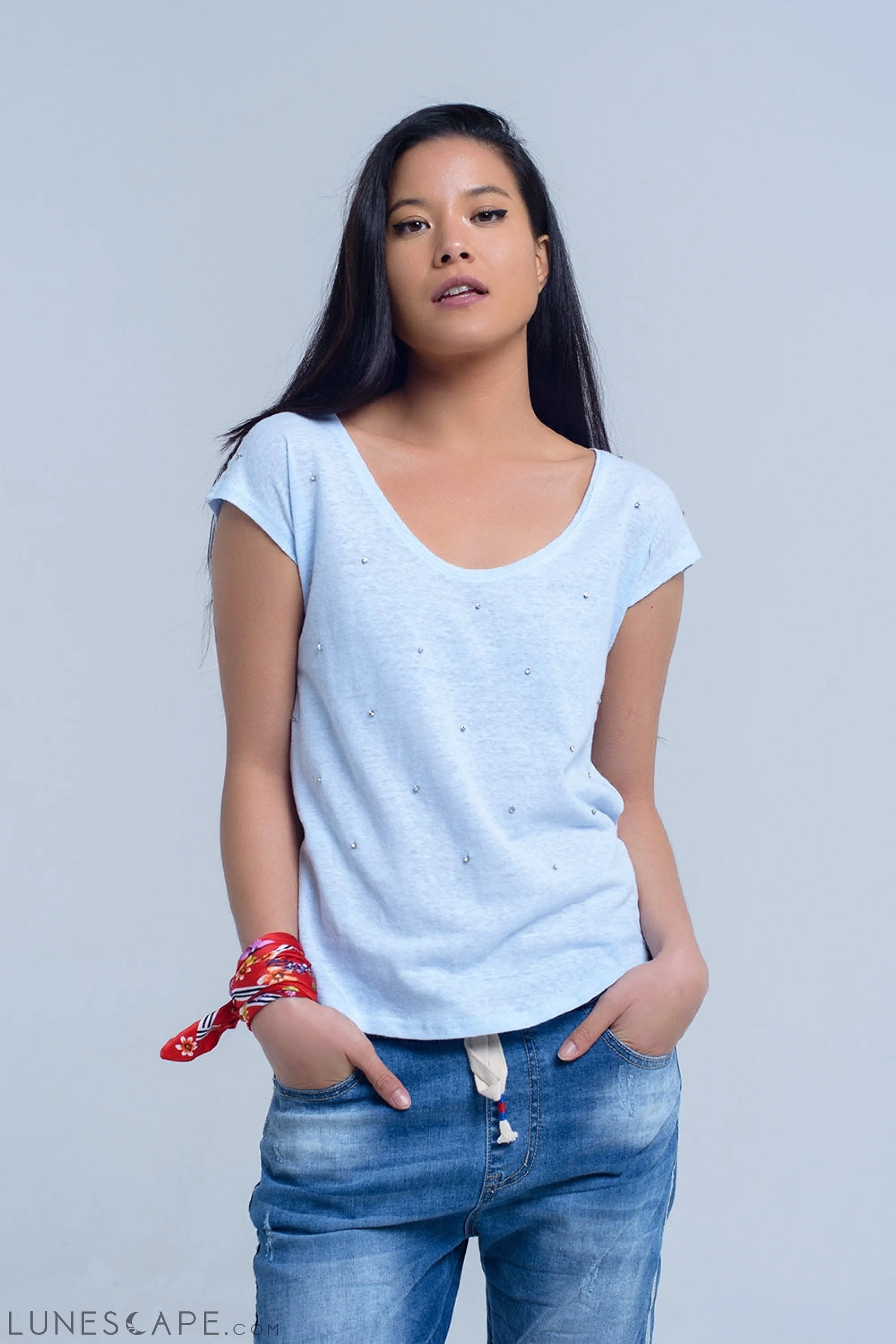 Blue T-Shirt With Crystal Rhinestones LUNESCAPE