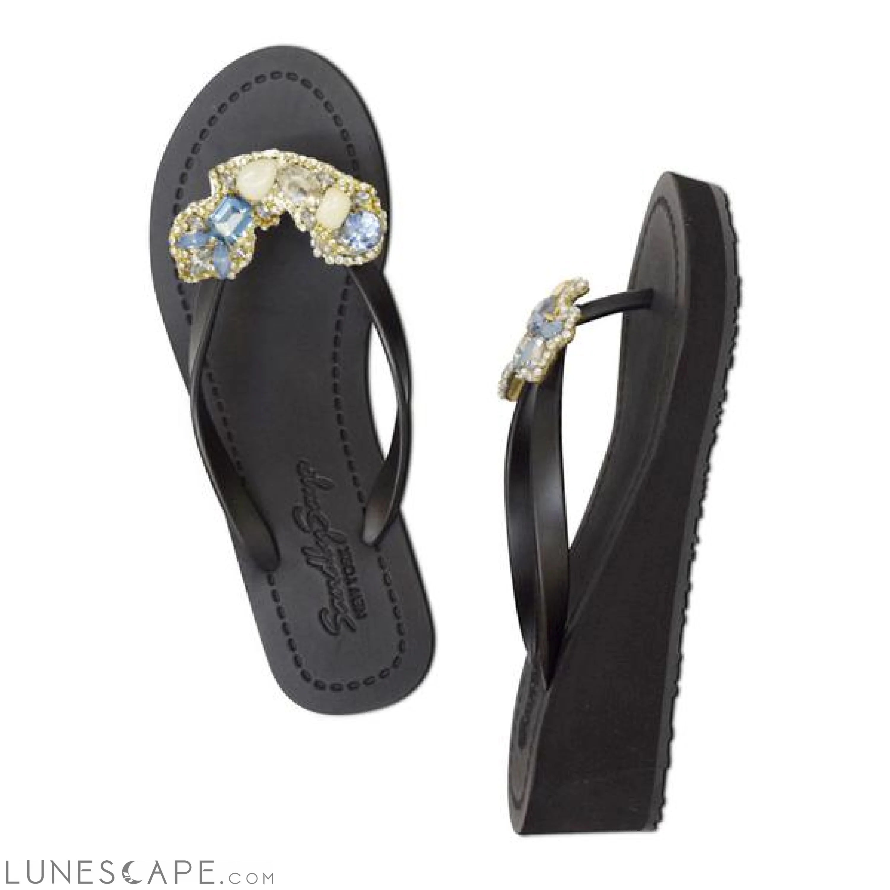 Blue York- Crystal Rhinestone Embellished Mid Wedge Flip Flops Sandal LUNESCAPE