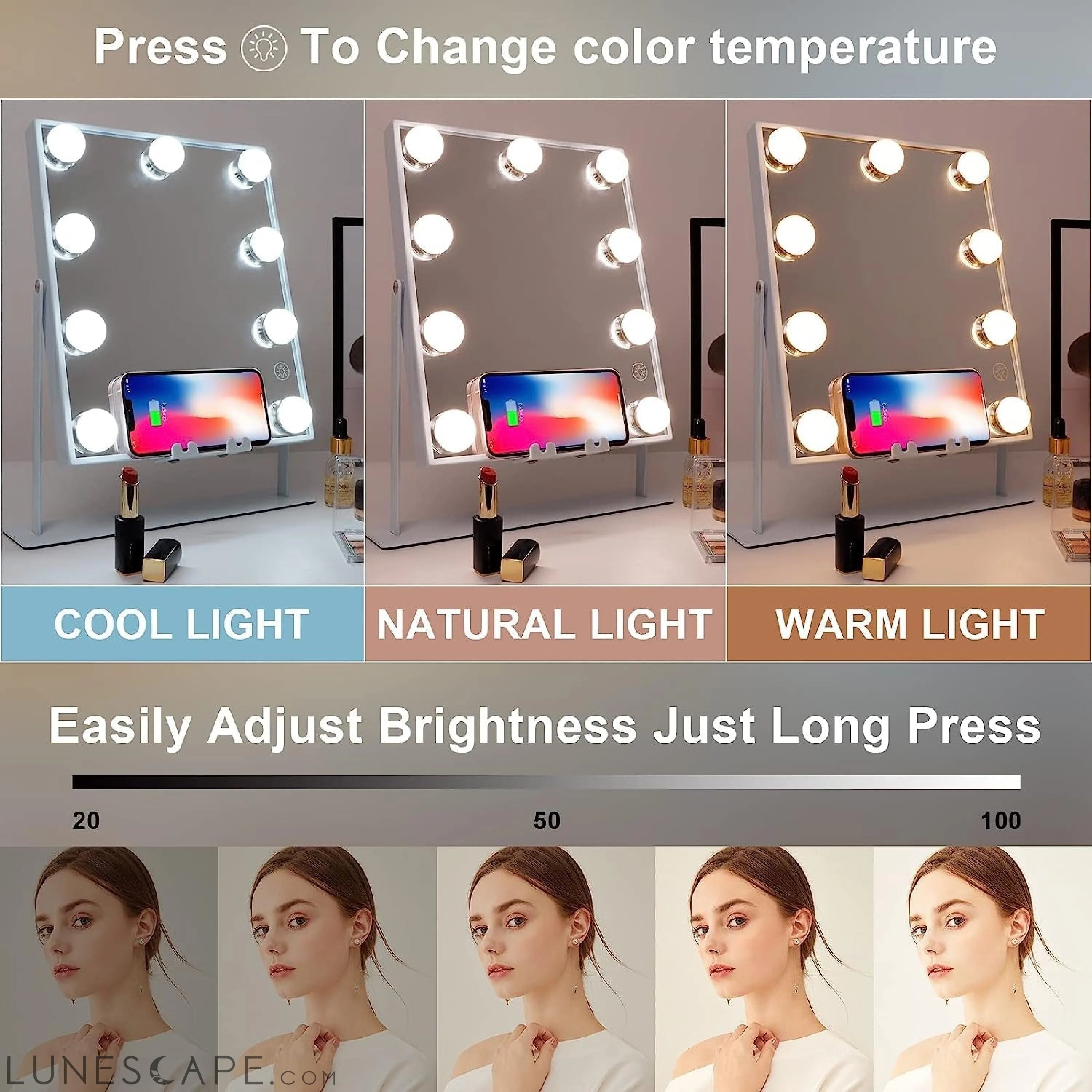 Bluetooth Lighted Vanity Mirror with Wireless Charging LUNESCAPE