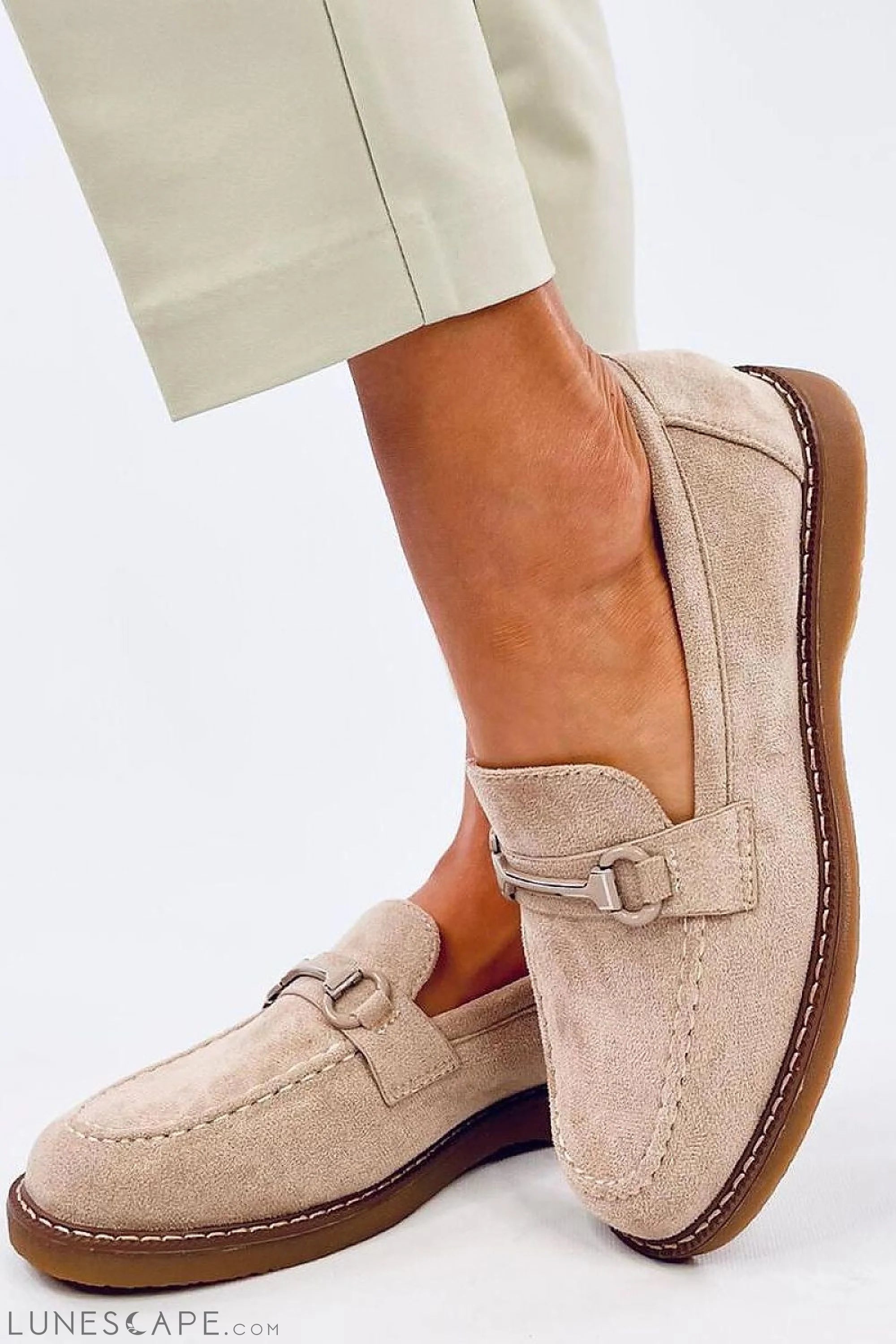 Blush Eco-Suede Loafers for Women – Almond Toe with Silver Horsebit Accent LUNESCAPE