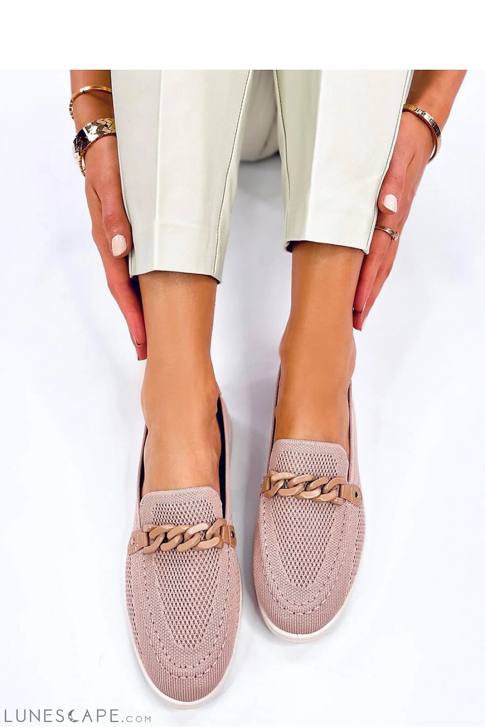 Blush Pink Knit Loafers with Chain Accent and Contrast Trim LUNESCAPE