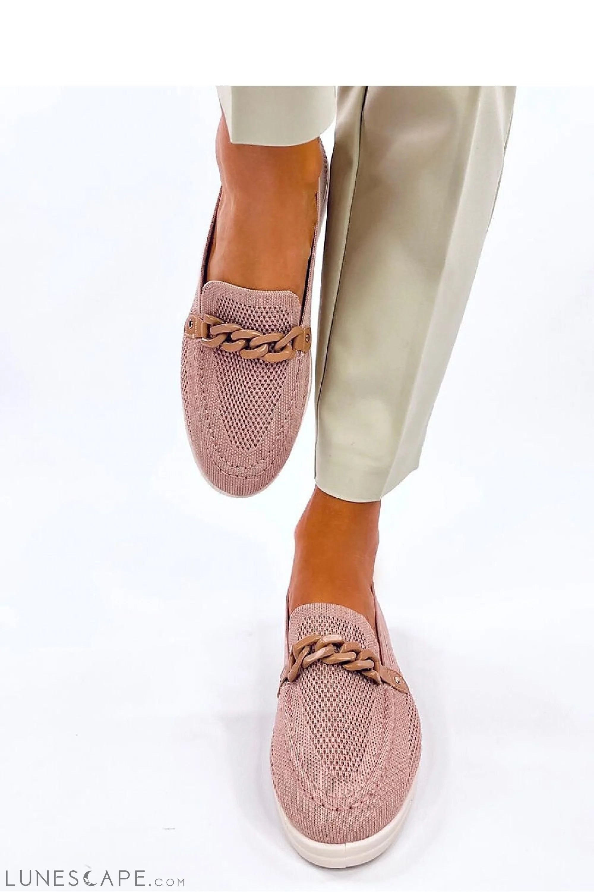 Blush Pink Knit Loafers with Chain Accent and Contrast Trim LUNESCAPE