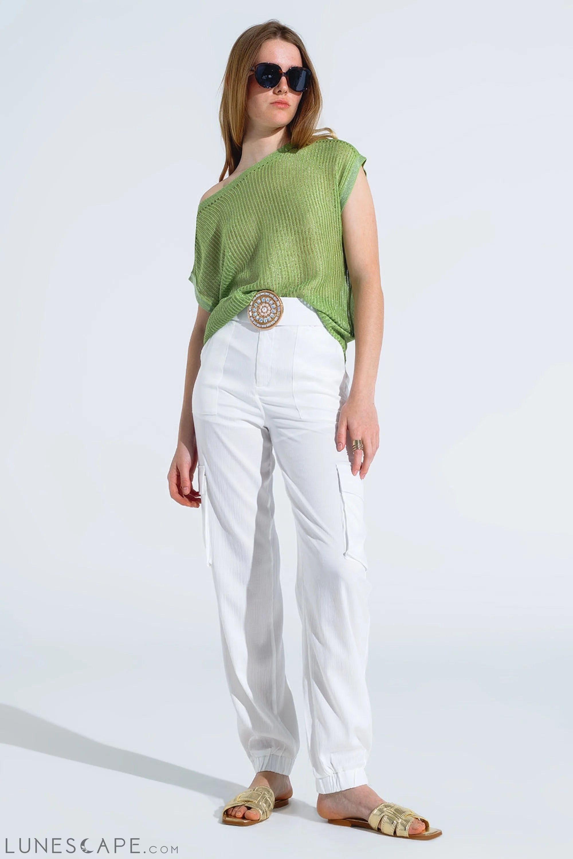 Boat Neck Ribbed Sweater With Cap Sleeves in Green LUNESCAPE