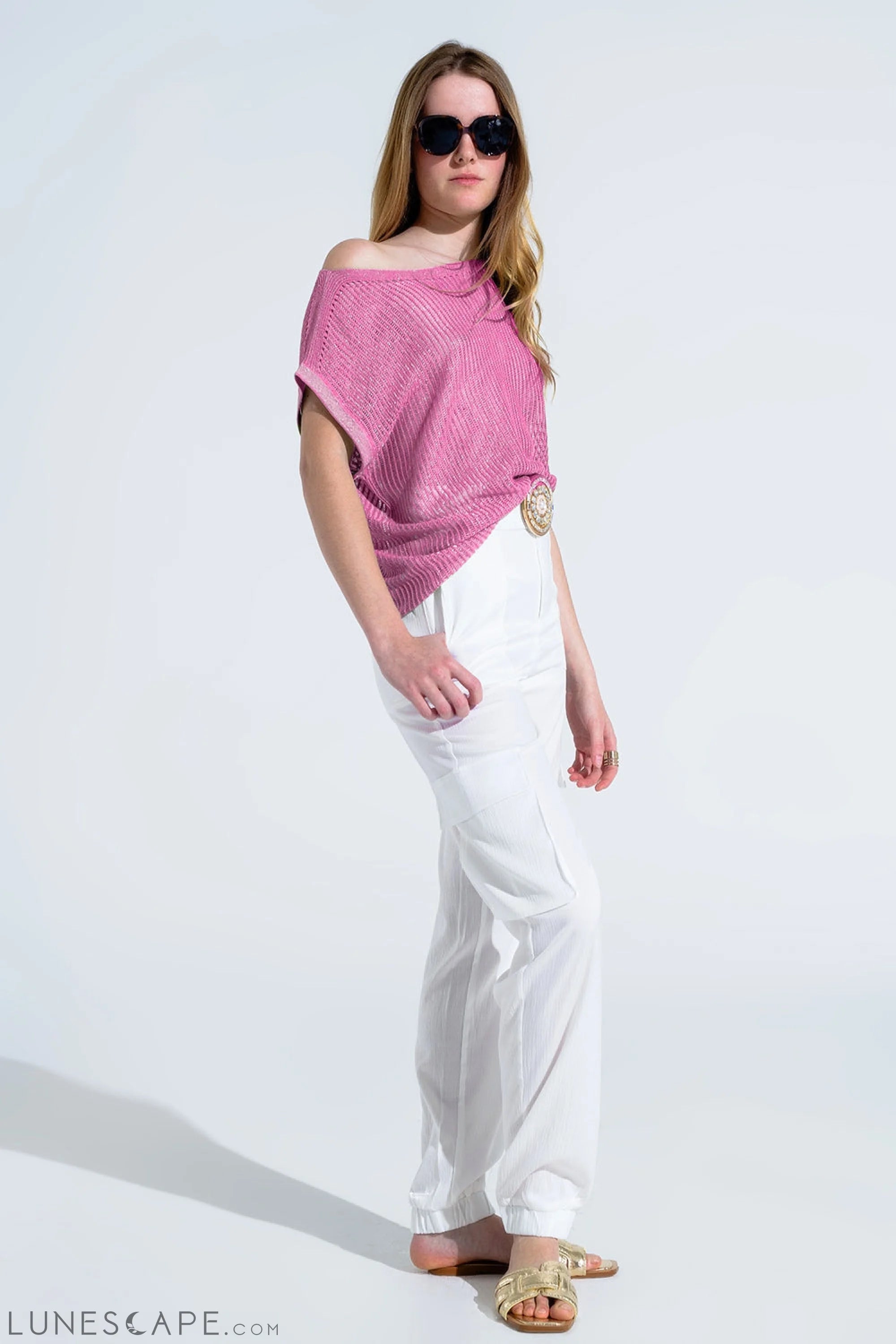 Boat Neck Ribbed Sweater With Cap Sleeves in Pink LUNESCAPE