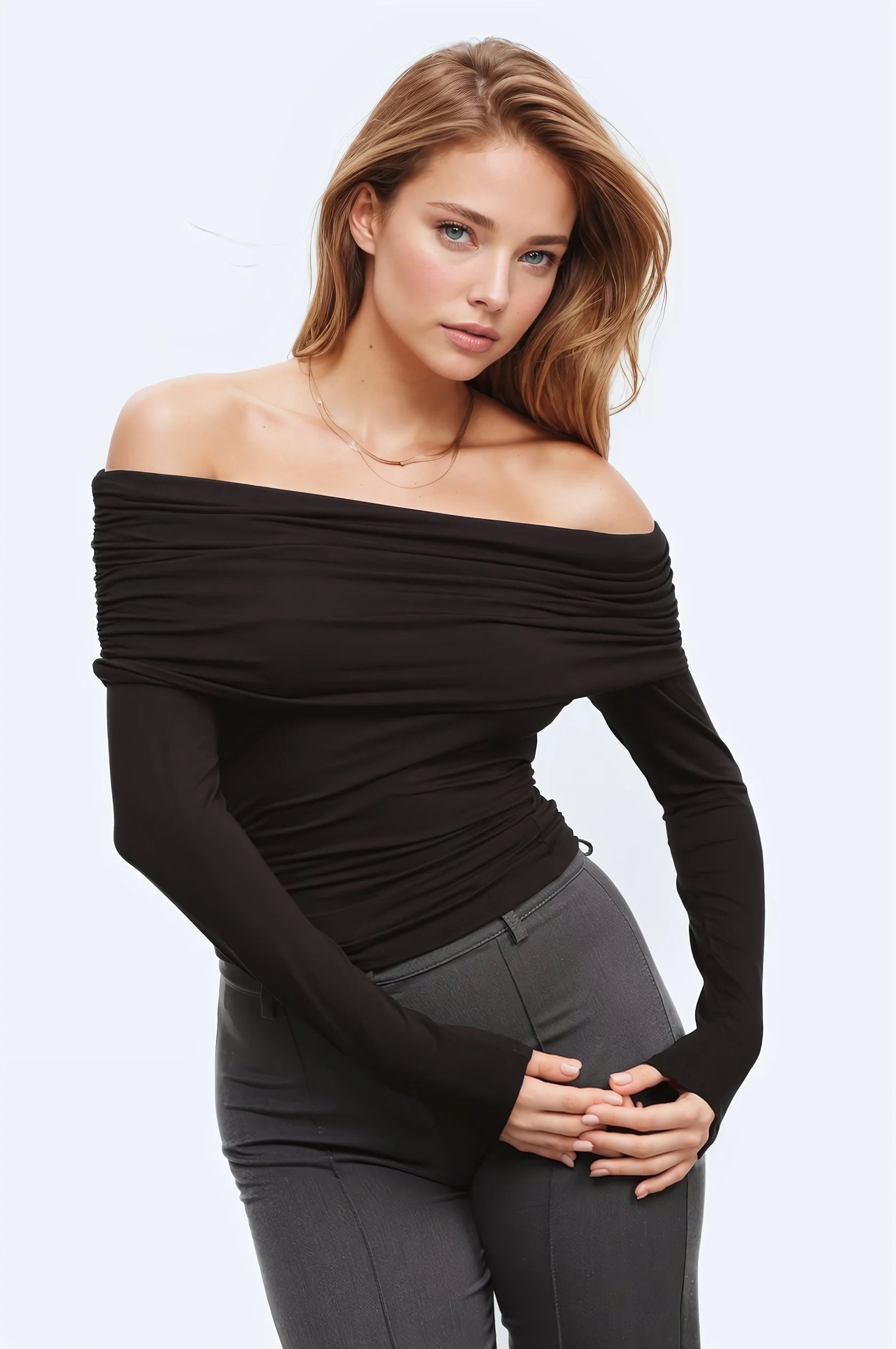 Bodycon Off Shoulder Viscose Top in Black LUNESCAPE