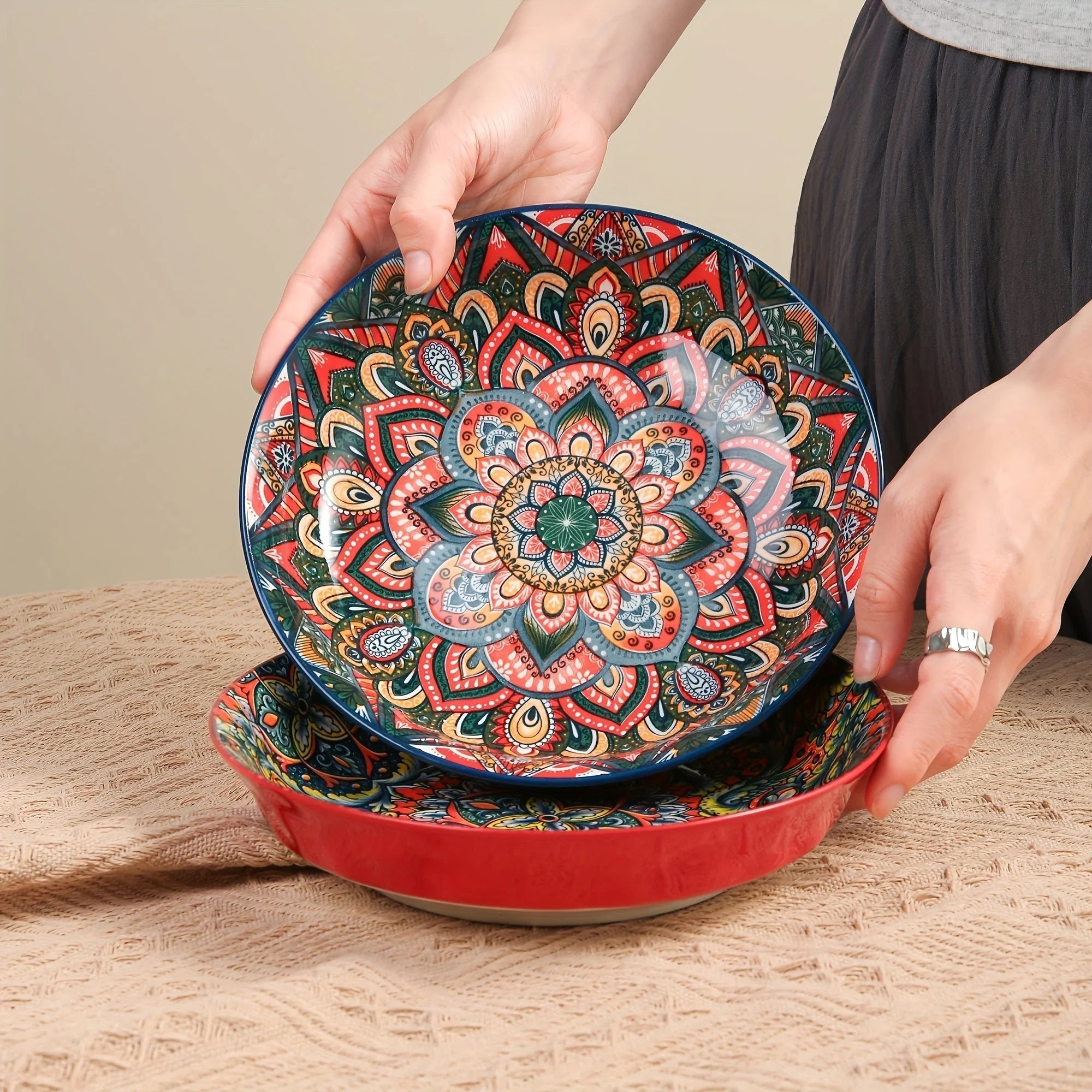 Bohemian Ceramic Dinner Plates Flower Design Microwave Safe LUNESCAPE