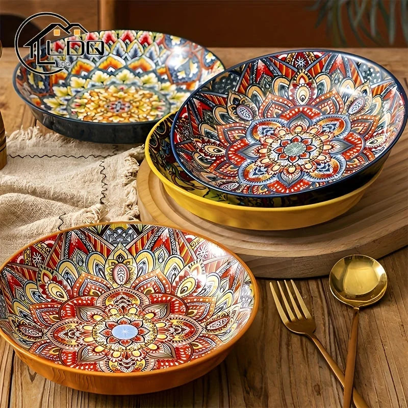 Bohemian Ceramic Dinner Plates Flower Design Microwave Safe LUNESCAPE