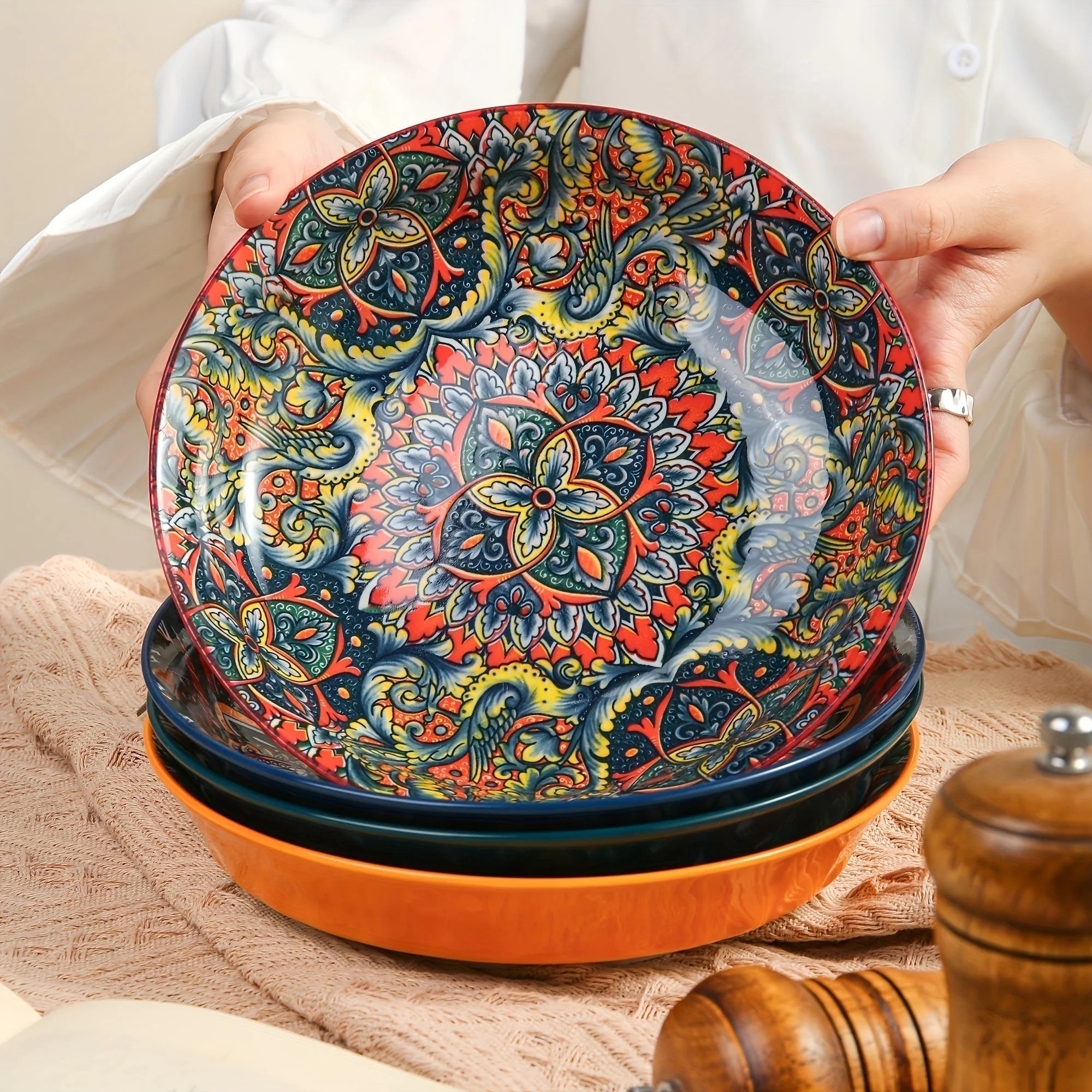 Bohemian Ceramic Dinner Plates Flower Design Microwave Safe LUNESCAPE